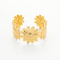 QIAOREN 12667 18K Gold Plated Stainless Steel Multi Daisy Flower Wide Open Cuff Bracelet Adjustable Floral Stackable Wrist