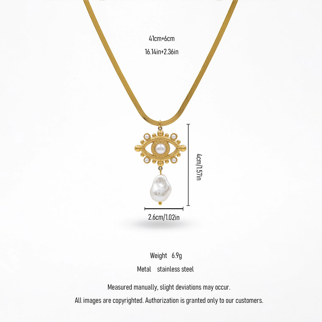 QIAOREN 13548 Stainless Steel Baroque Pearl Pendant Necklace Gold Herringbone Chain Vintage Statement Necklace for Women