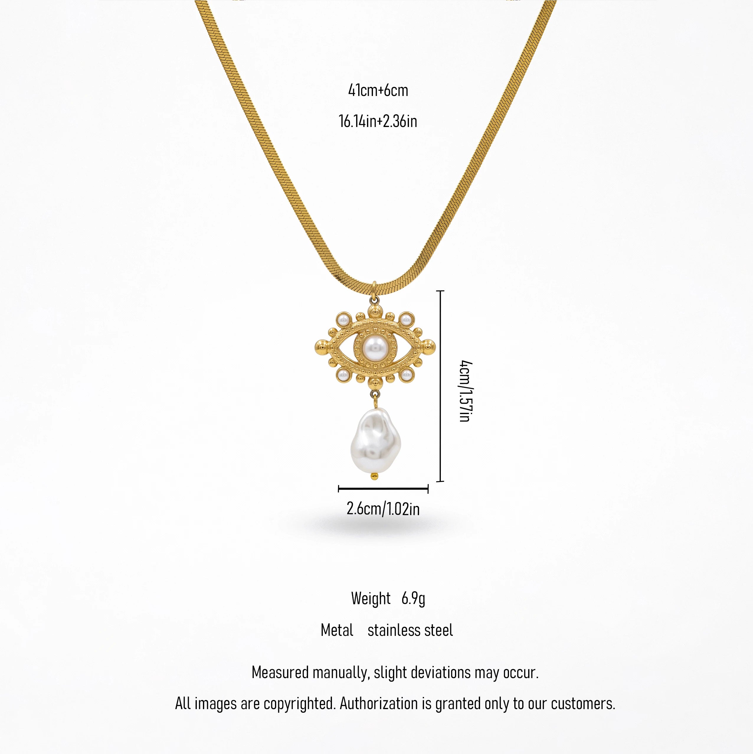 QIAOREN 13548 Stainless Steel Baroque Pearl Pendant Necklace Gold Herringbone Chain Vintage Statement Necklace for Women