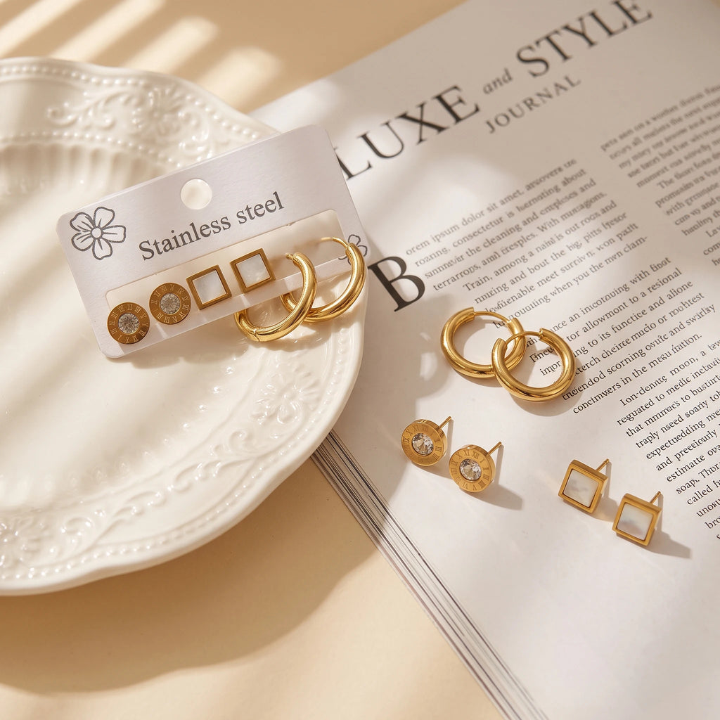 QIAOREN 14469 3 Pair Gold Stainless Steel Stud Earrings Set, Matte Flower Studs, Round Quartz Studs & Prong Set CZ Studs