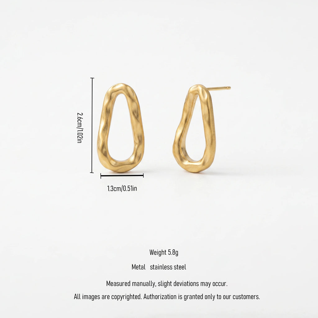 QIAOREN 14013 Matte Gold Irregular Teardrop Hollow Hoop Stud Earrings, Hammered Textured Abstract Oval Ear Stud Jewelry Gift