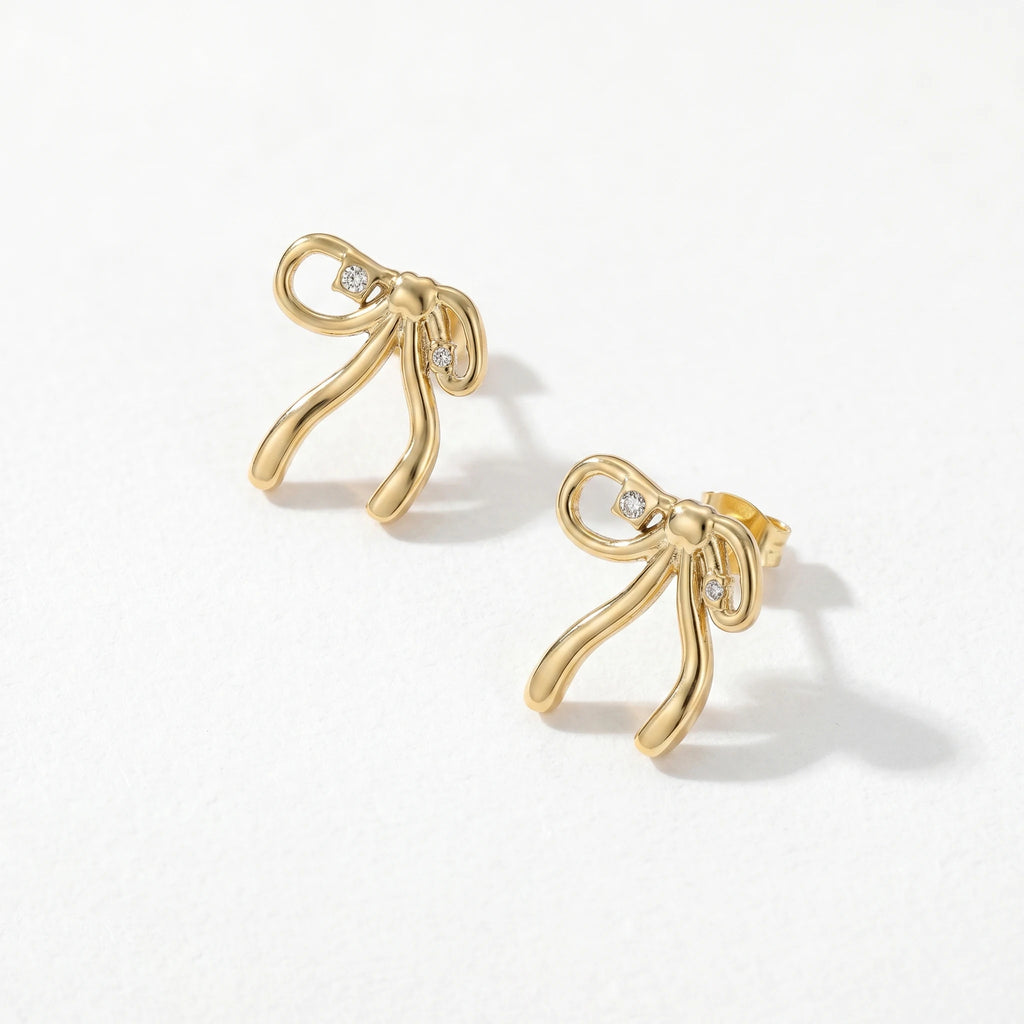 QIAOREN 12268 Trendy Coquette Ribbon Bow Earrings 18K Gold Plated Stainless Steel CZ Studs Balletcore Jewelry Women Party US EU