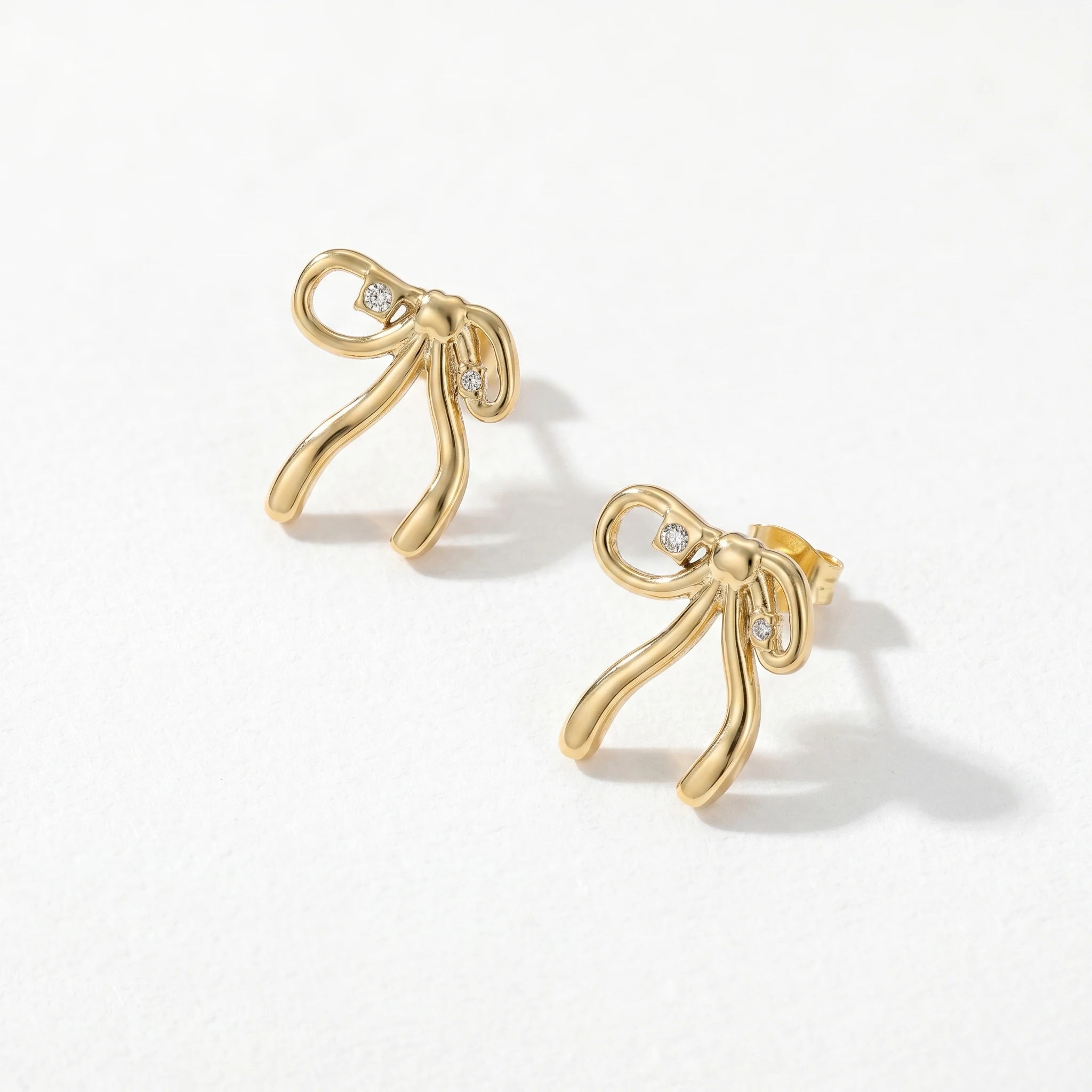 QIAOREN 12268 Trendy Coquette Ribbon Bow Earrings 18K Gold Plated Stainless Steel CZ Studs Balletcore Jewelry Women Party US EU