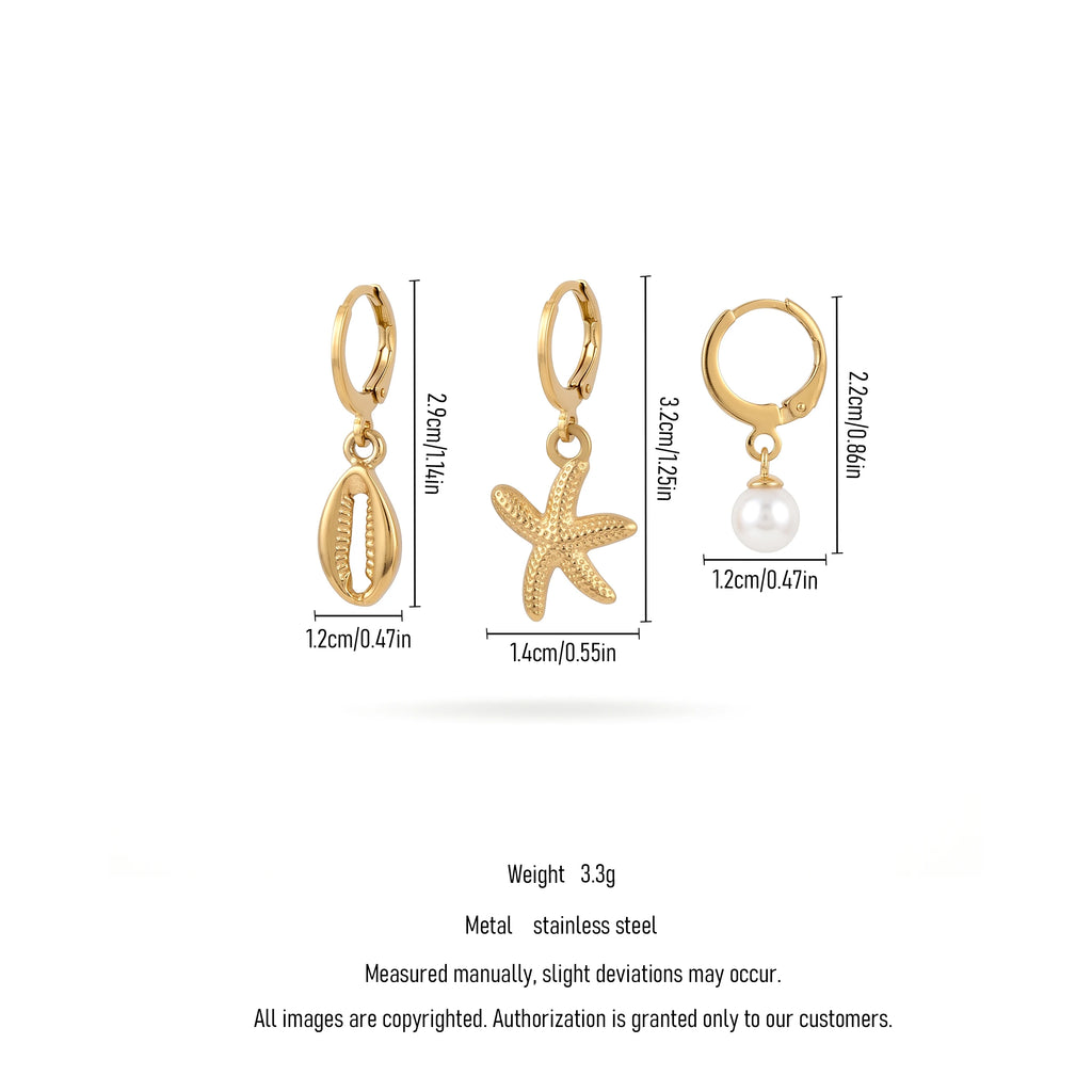 QIAOREN 11849 3Pcs Ocean Huggie Hoop Earrings Set Stainless Steel Gold Cowrie Shell Starfish Pearl Dangle Jewelry for Women US