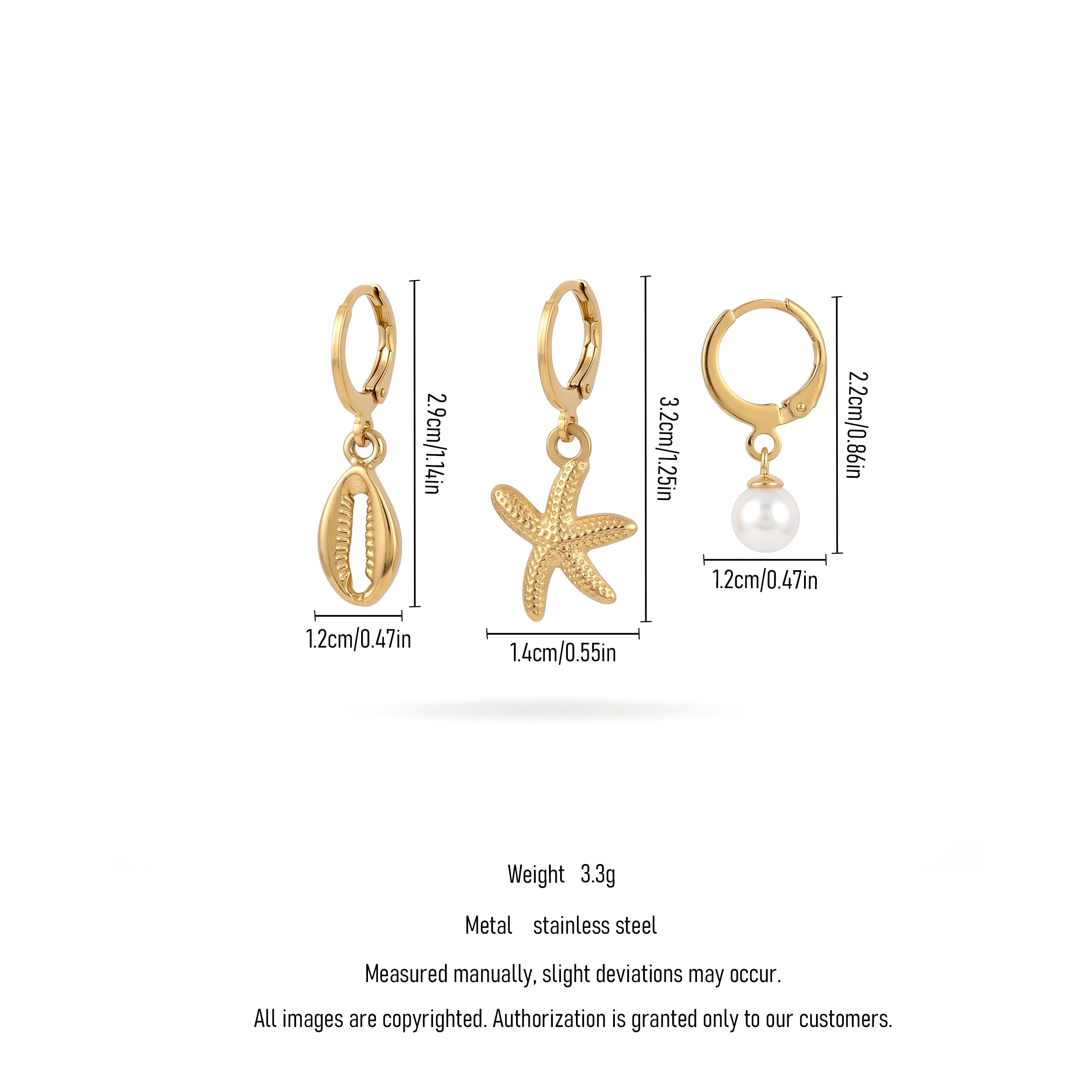 QIAOREN 11849 3Pcs Ocean Huggie Hoop Earrings Set Stainless Steel Gold Cowrie Shell Starfish Pearl Dangle Jewelry for Women US