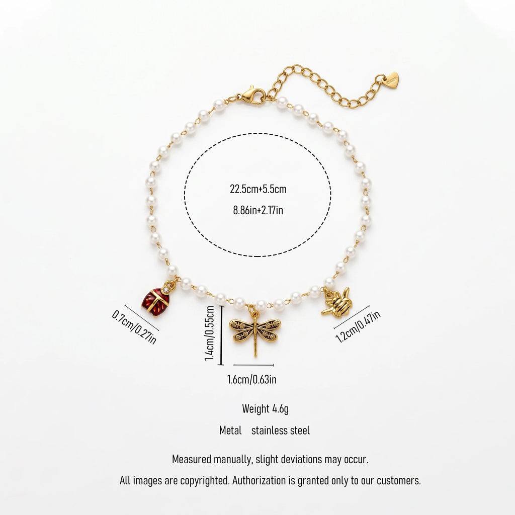 QIAOREN 13307 Vintage Insect Charm Pearl Anklet Stainless Steel Dragonfly Bee Ladybug Lobster Clasp Heart Extension Chain