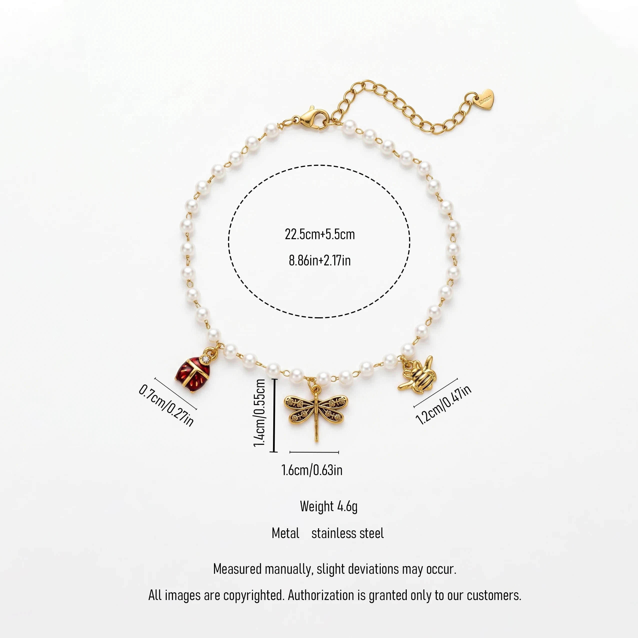 QIAOREN 13307 Vintage Insect Charm Pearl Anklet Stainless Steel Dragonfly Bee Ladybug Lobster Clasp Heart Extension Chain