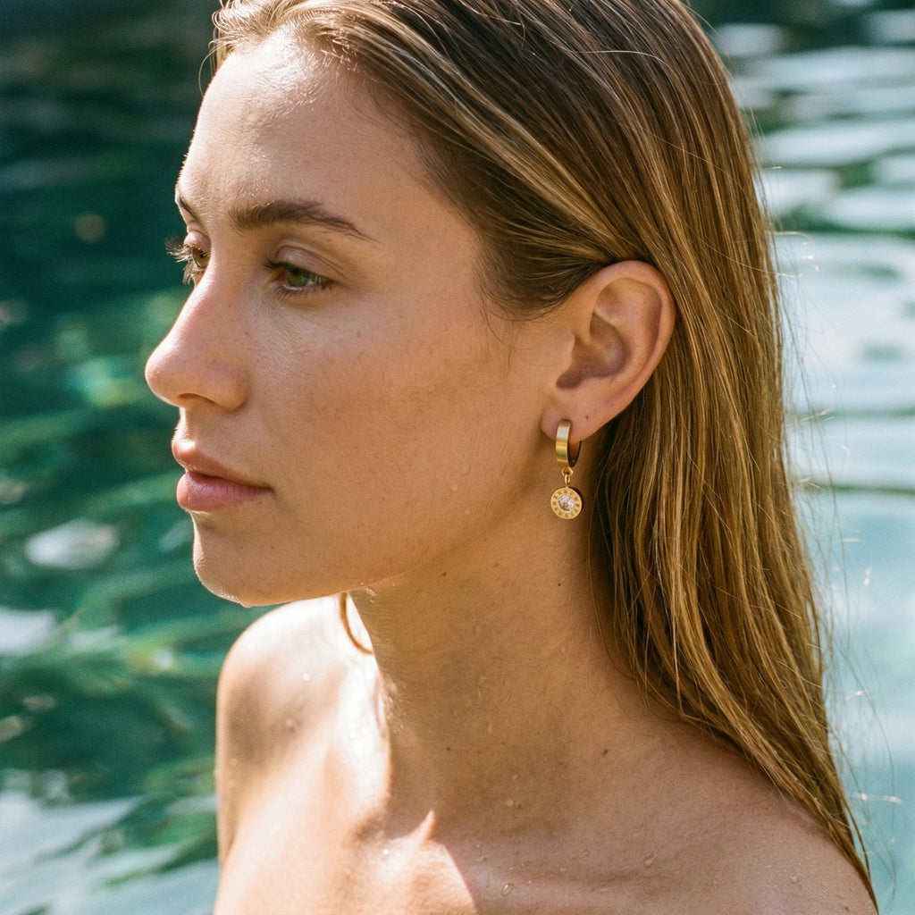 QIAOREN 10745 Stainless Steel Roman Numeral Charm Hoop Earrings, CZ Stone Retro-Inspired Long-Wearing Gold/Silver Finish Jewelry