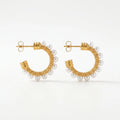 QIAOREN 12396 French Retro Woven Mesh Pearl C Hoop Earrings Gold Stainless Steel Knitted Cable Textured Open Hoops Women US EU