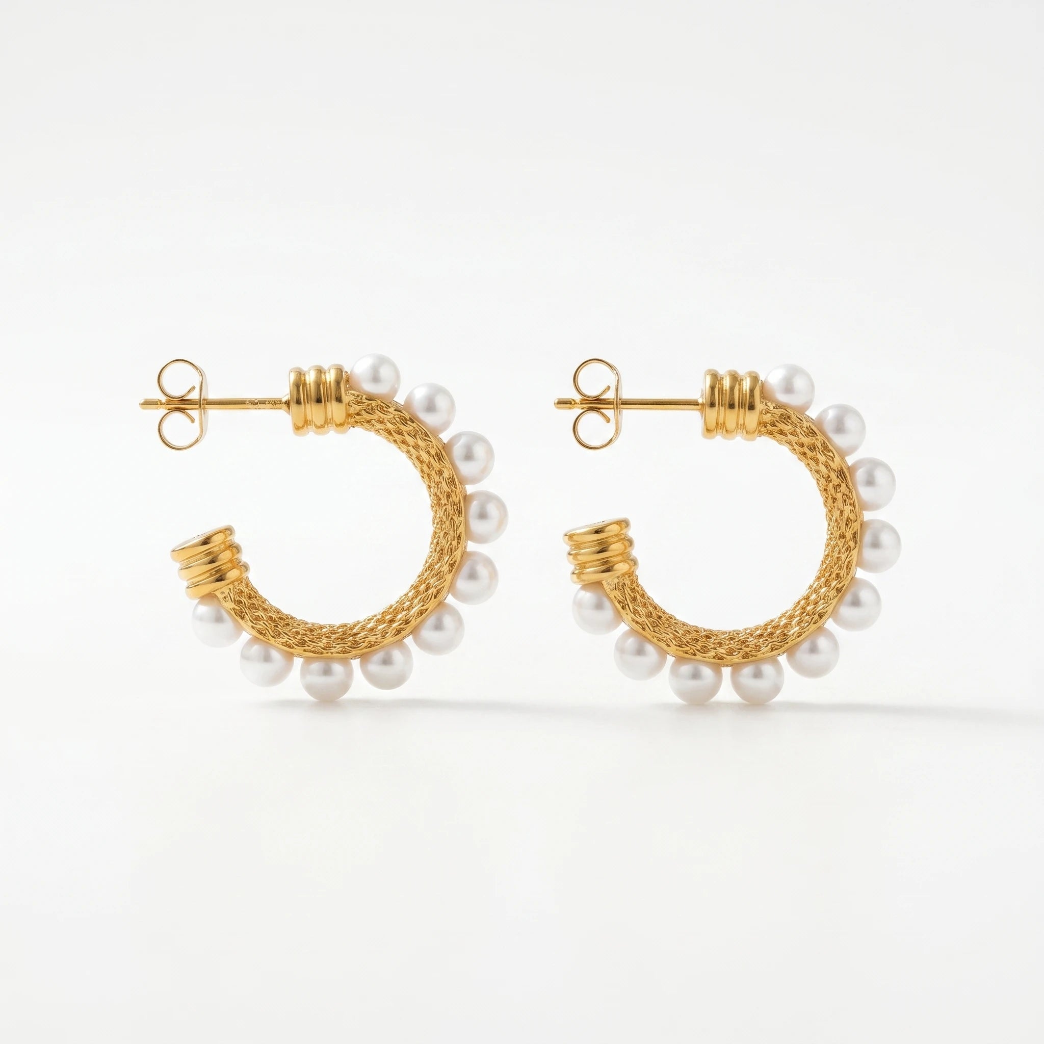QIAOREN 12396 French Retro Woven Mesh Pearl C Hoop Earrings Gold Stainless Steel Knitted Cable Textured Open Hoops Women US EU