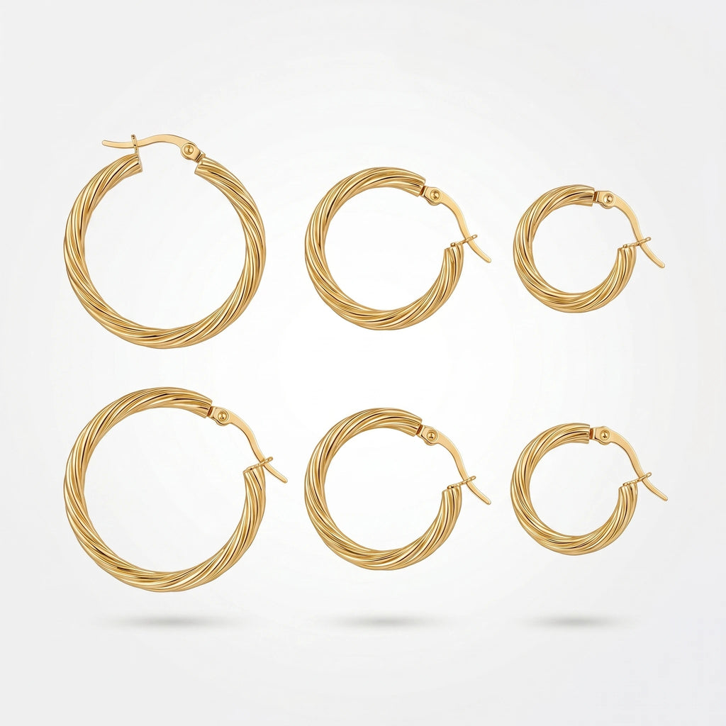 QIAOREN 12422Elegant Quiet Luxury Textured Screw Thread Hoops Gold Stainless Steel French Retro Twisted Cable Statement Earrings
