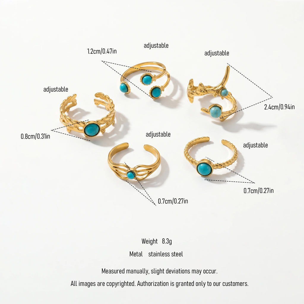 QIAOREN 18K Gold Stainless Steel Turquoise Open Ring Set, Waterproof Vintage Adjustable Boho Stackable Rings