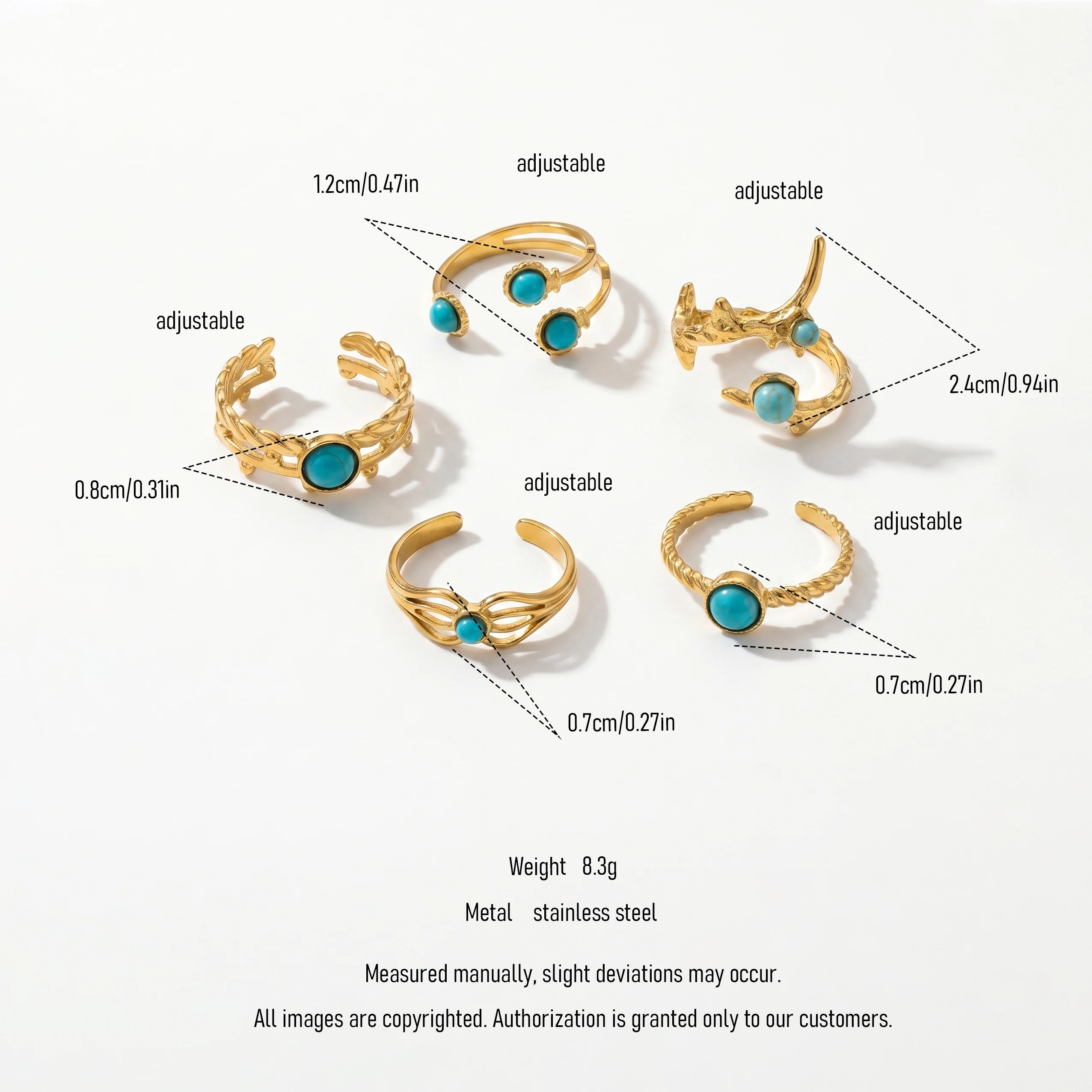 QIAOREN 18K Gold Stainless Steel Turquoise Open Ring Set, Waterproof Vintage Adjustable Boho Stackable Rings
