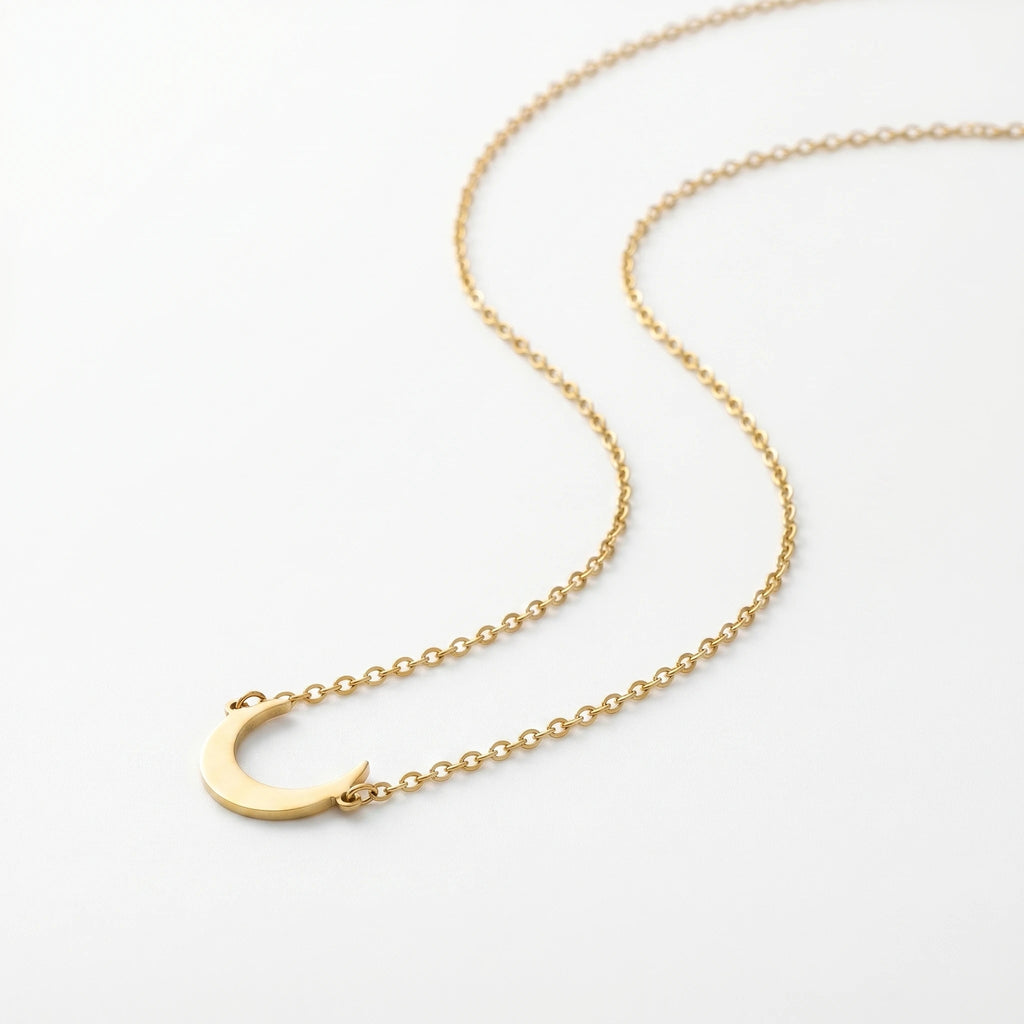 QIAOREN 11837 18K Gold Plated Stainless Steel Anti-Tarnish Hypoallergenic Matte Finish Crescent Moon Horizontal O Chain Necklace