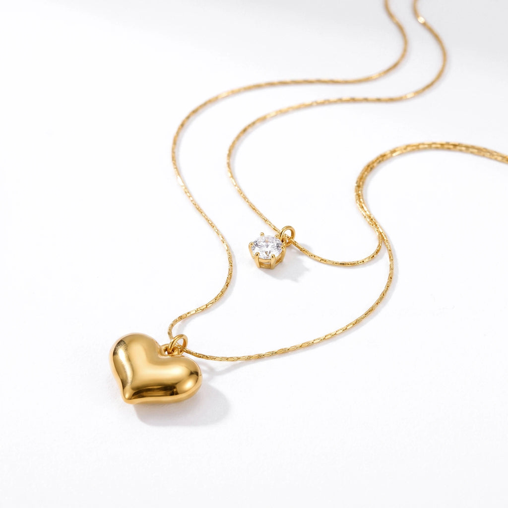 QIAOREN 13481 Dainty Double Layer Snake Chain Necklace with Tiny Round Zircon & Puffy Heart Pendants, Minimalist Layering