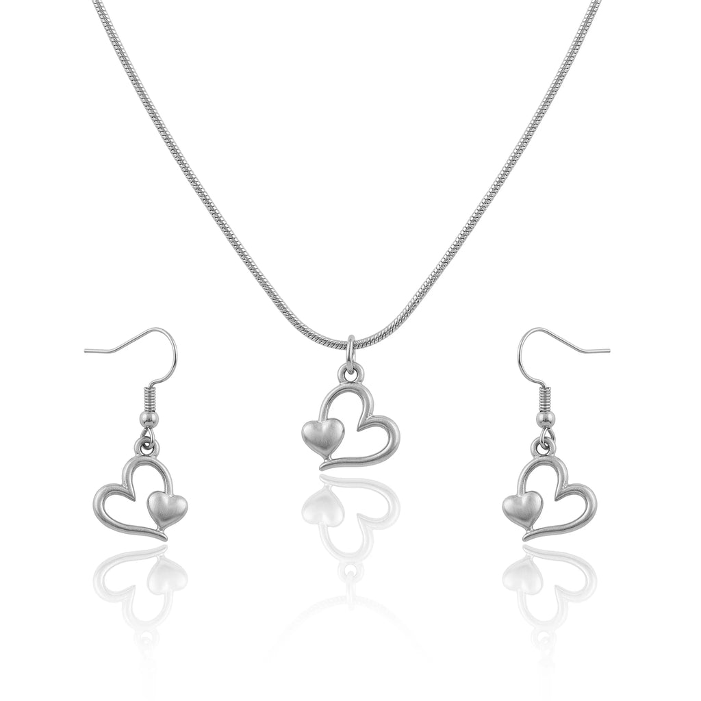 QIAOREN 11573 Minimalist Romantic Double Heart Jewelry Set, 18K Gold Stainless Steel Snake Chain Necklace Dangle Earrings
