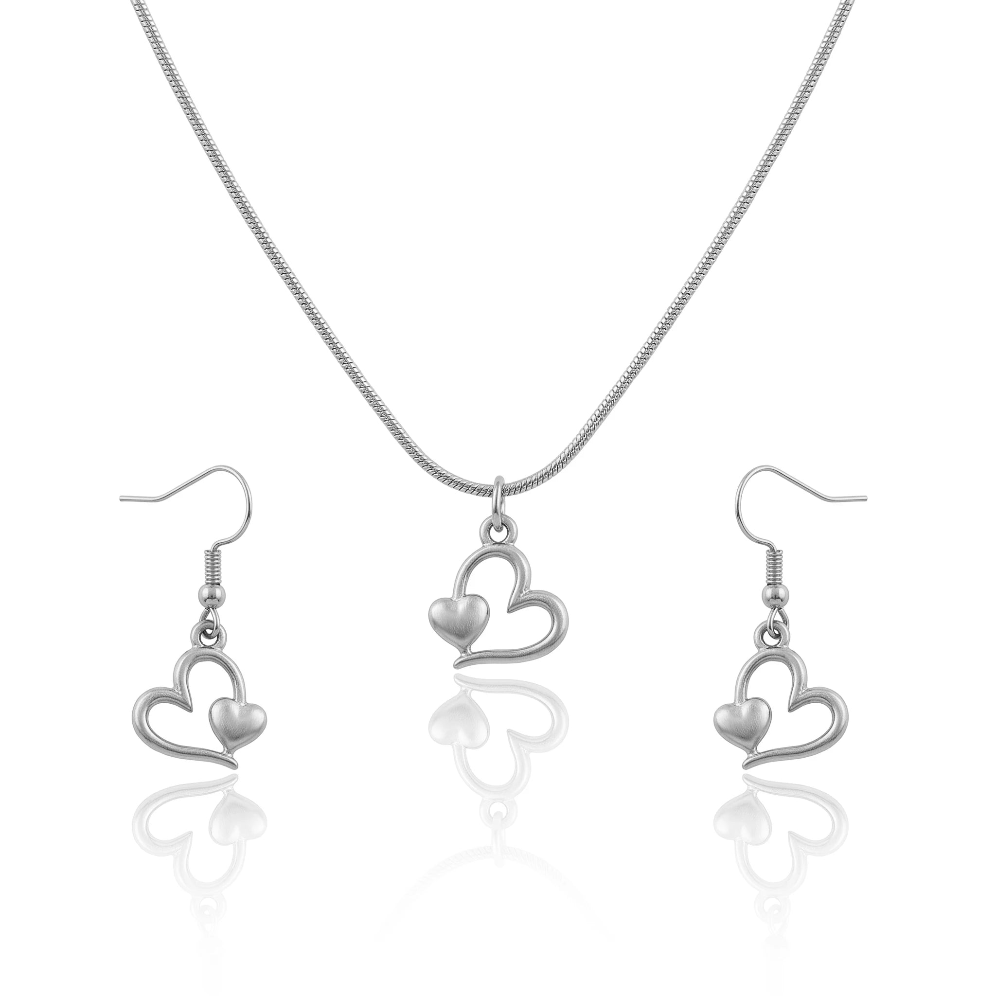 QIAOREN 11573 Minimalist Romantic Double Heart Jewelry Set, 18K Gold Stainless Steel Snake Chain Necklace Dangle Earrings