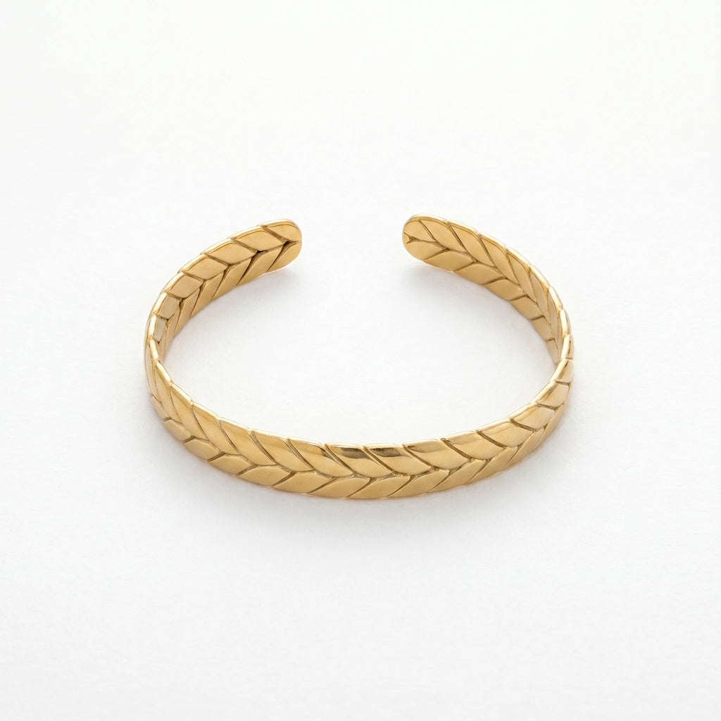 QIAOREN 12649 18K Gold Plated Stainless Steel Wheat Leaf Cuff Bracelet Adjustable Open Bangle Anti Tarnish Wrist Jewelry