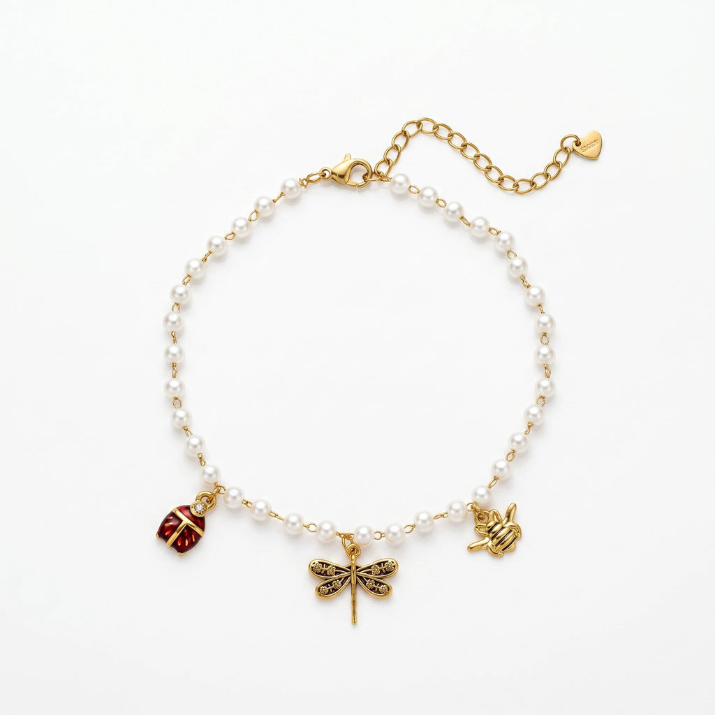 QIAOREN 13307 Vintage Insect Charm Pearl Anklet Stainless Steel Dragonfly Bee Ladybug Lobster Clasp Heart Extension Chain