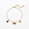 QIAOREN 13307 Vintage Insect Charm Pearl Anklet Stainless Steel Dragonfly Bee Ladybug Lobster Clasp Heart Extension Chain