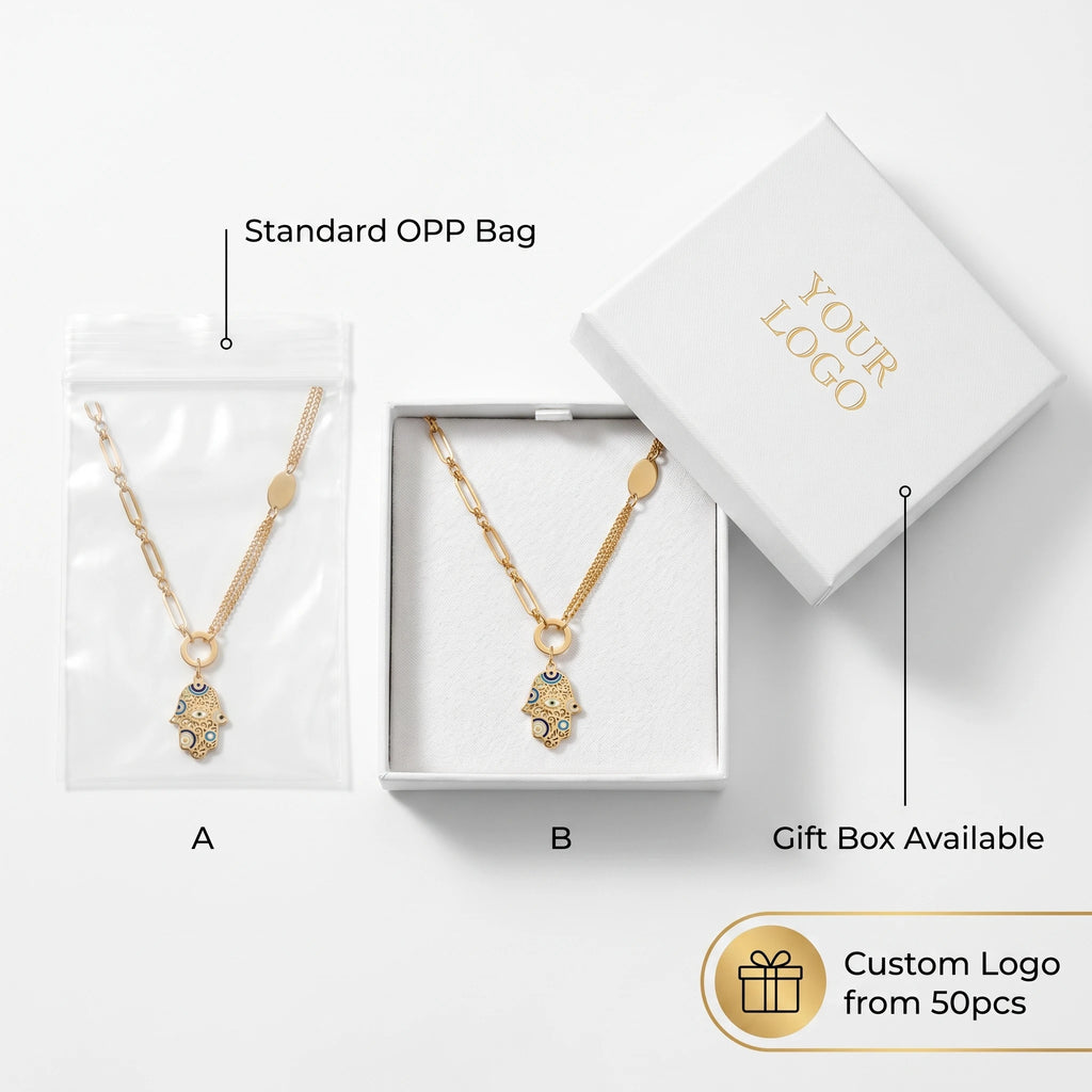 QIAOREN 14416 Mixed Link Chain Hamsa Hand Enamel Pendant Necklace, Stainless Steel Necklace Jewelry Gift for Daily Outfits
