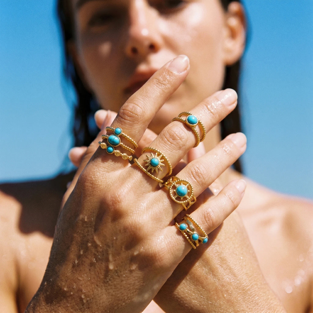 QIAOREN 13171-75 5Pcs Gold Stainless Steel Turquoise Open Ring Set Irregular Hammered Crown Adjustable Boho Stackable Rings