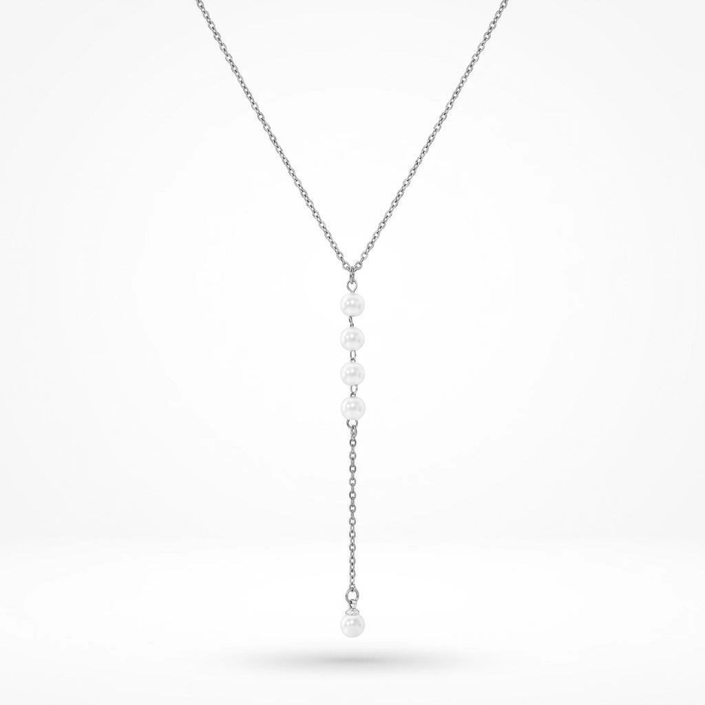 QIAOREN 13161 Gold Plated Pearl Y Necklace Stainless Steel Dainty Lariat Necklace Minimalist Pendant Jewelry for Women