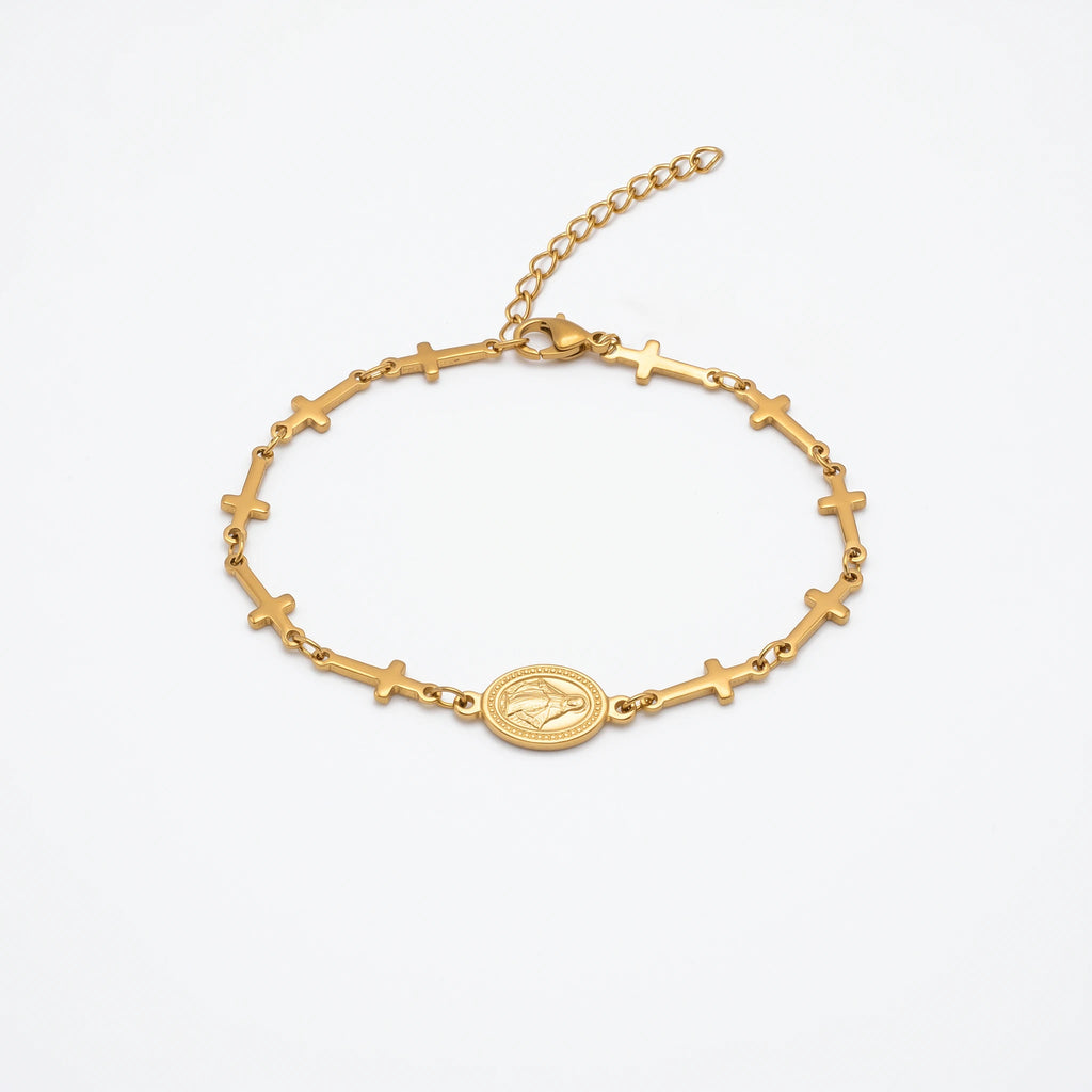 QIAOREN 10574 Miraculous Medal Cross Bracelet 18K Gold Plated Stainless Steel Waterproof Tarnish Free Religious Jewelry