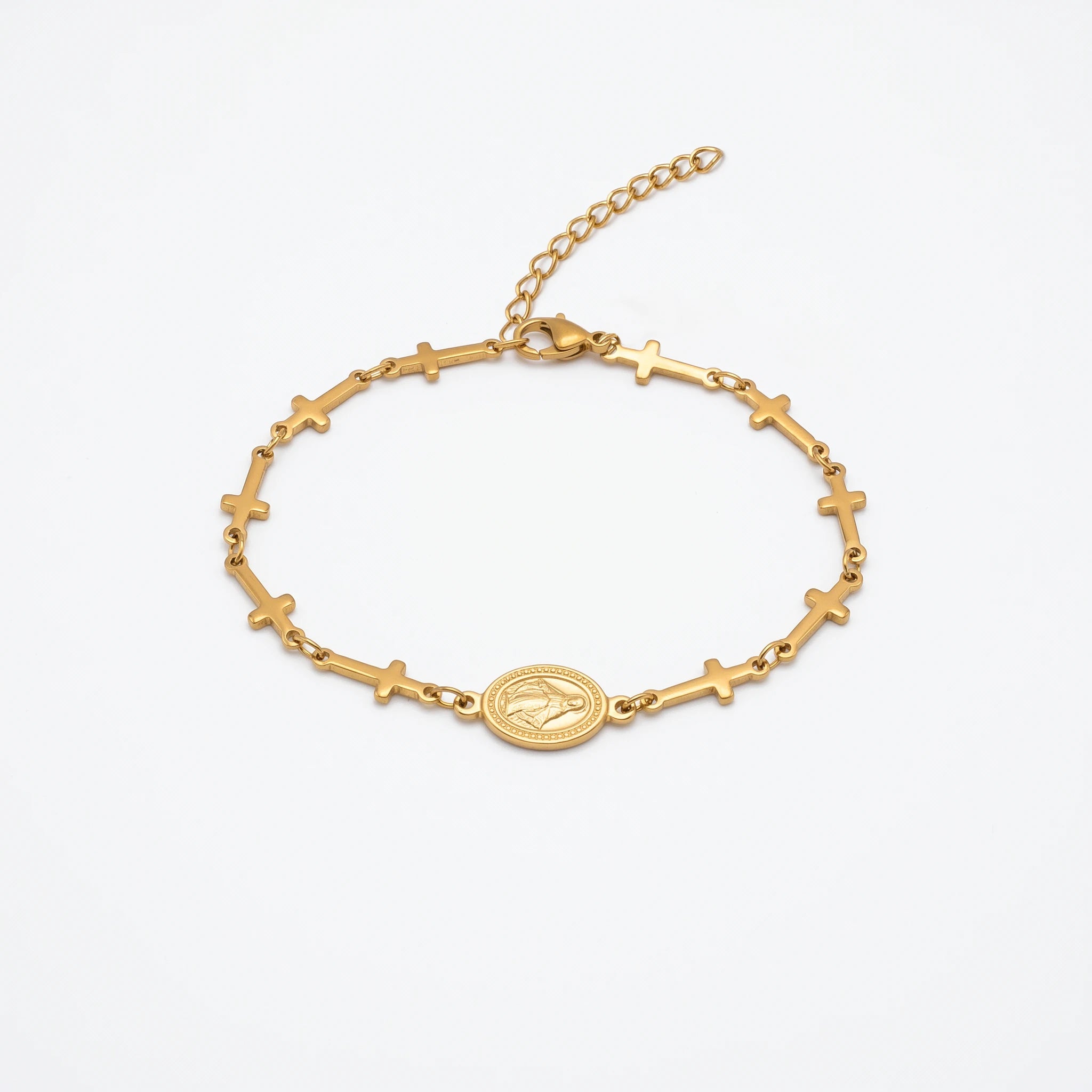 QIAOREN 10574 Miraculous Medal Cross Bracelet 18K Gold Plated Stainless Steel Waterproof Tarnish Free Religious Jewelry