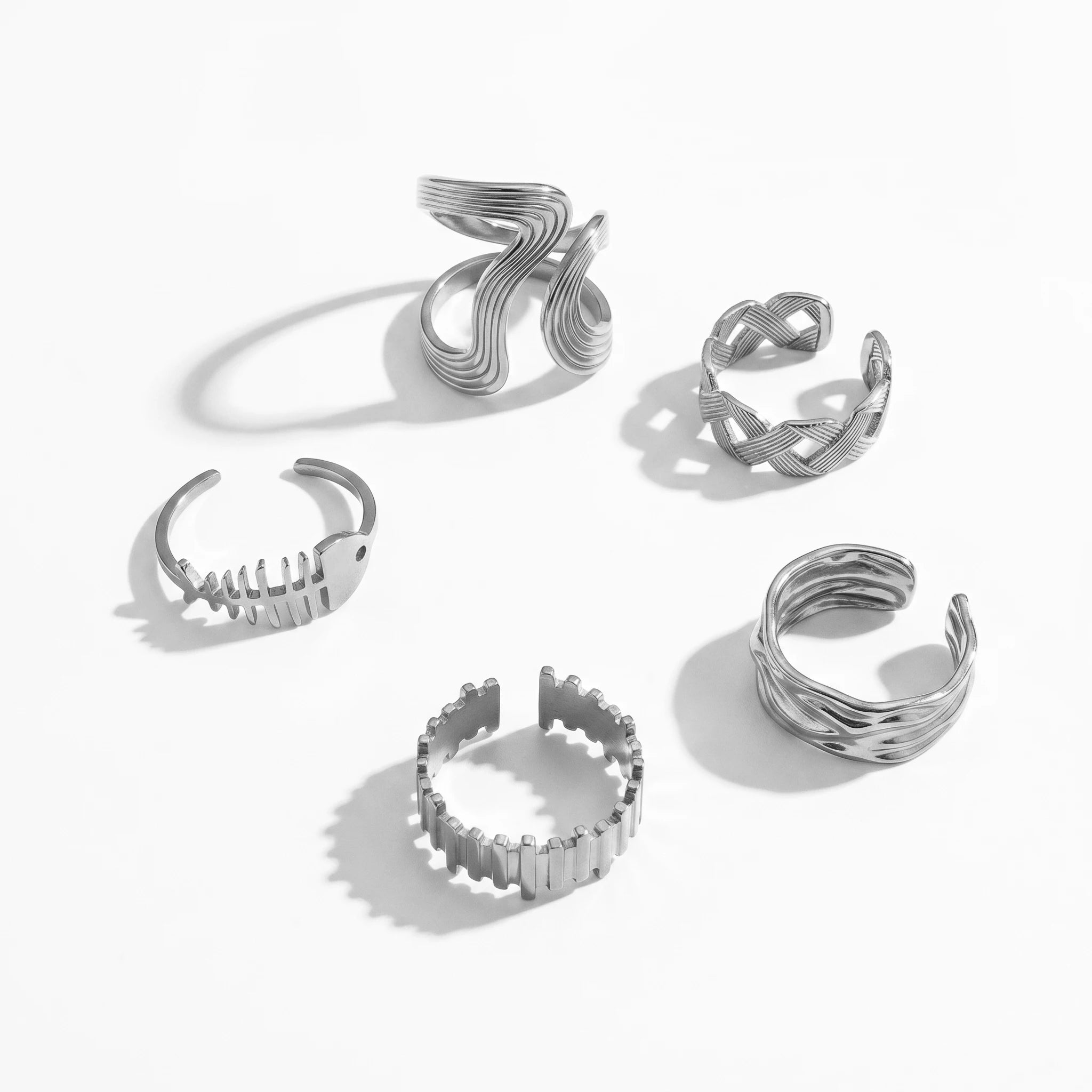 QIAOREN 10711 Stainless Steel Gold Adjustable Open Rings Multi Design Wave Fish Bone Braided Stack Finger Jewelry for Women