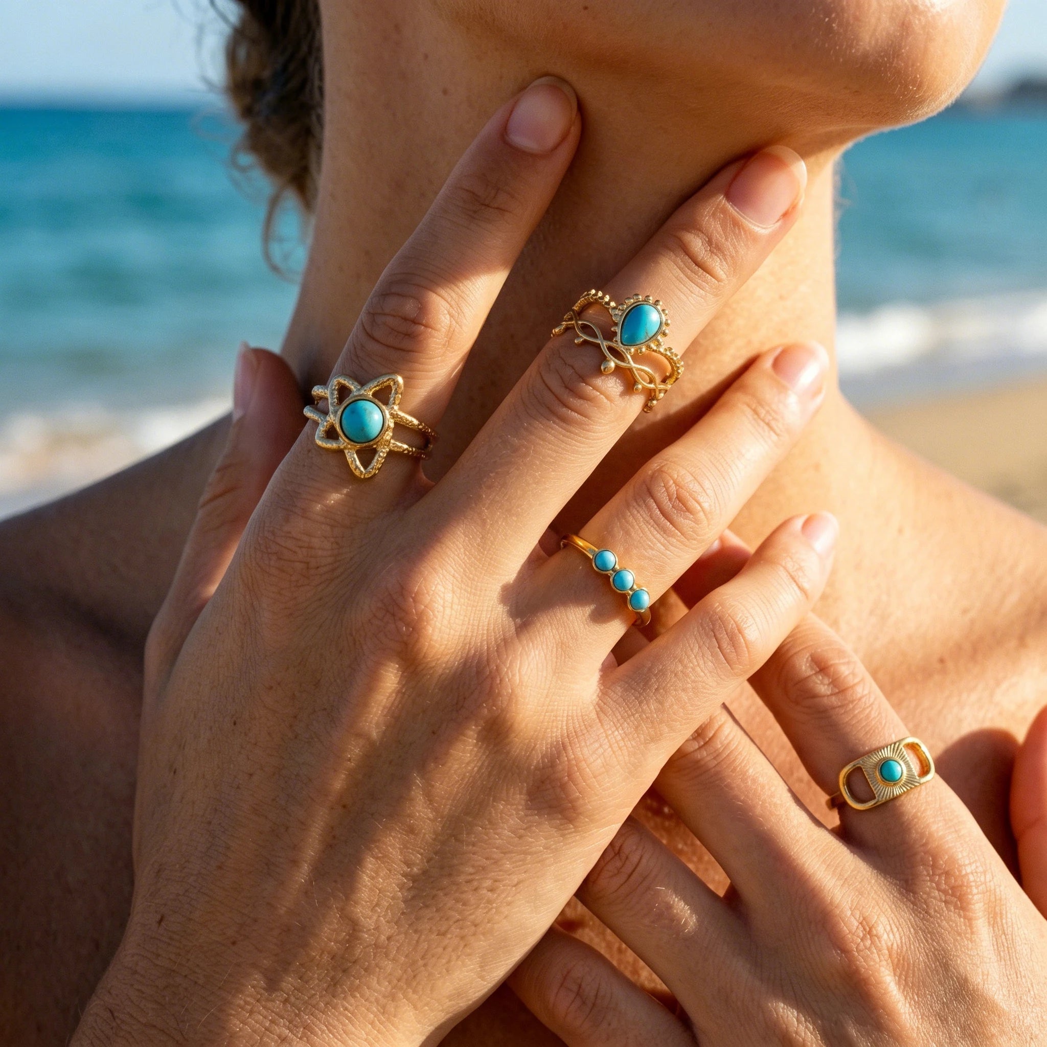 QIAOREN 5Pcs Gold Stainless Steel Turquoise Open Ring Set Irregular Hammered Crown Adjustable Boho Stackable Rings
