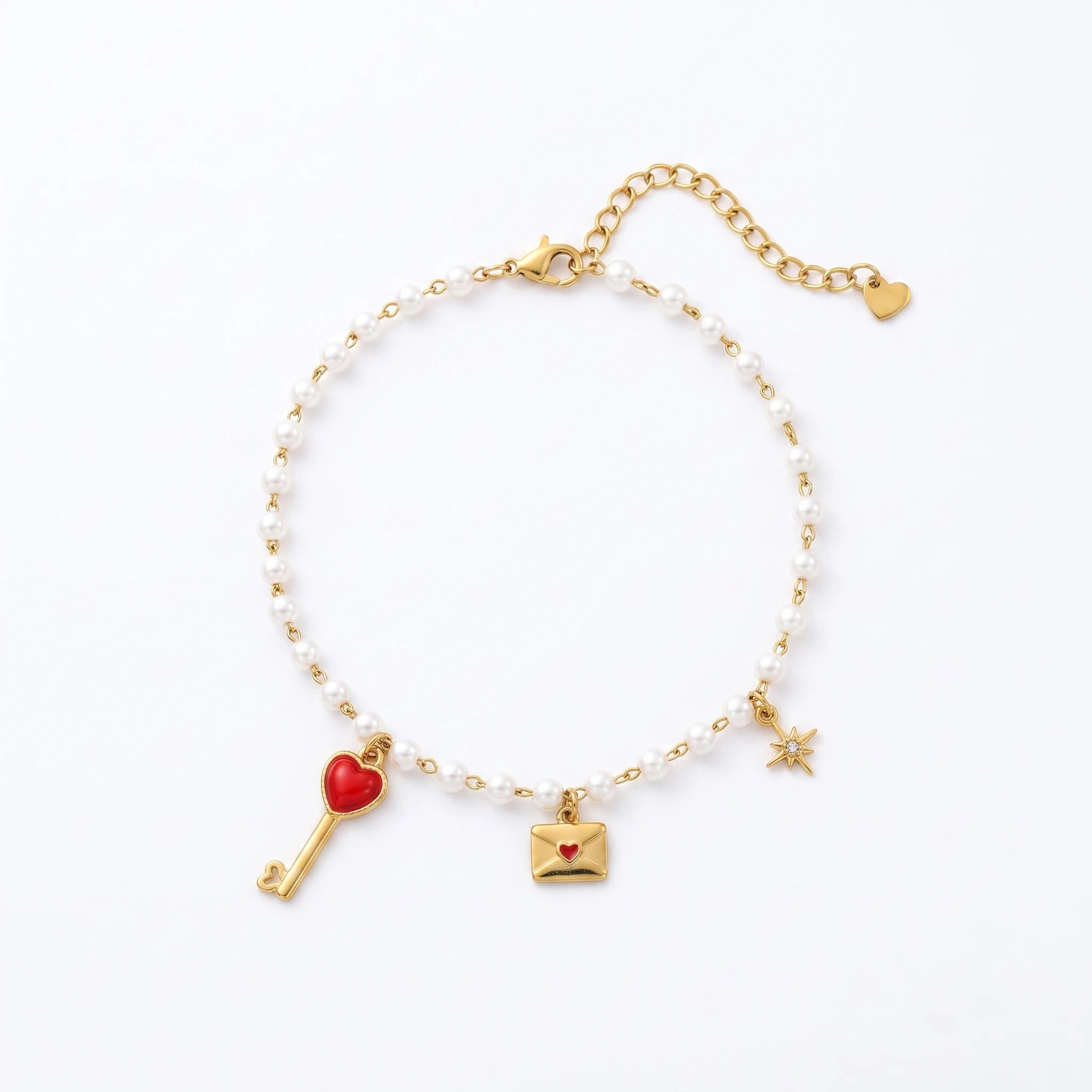 QIAOREN 13331 Romantic Pearl Anklet with Heart Key, Love Envelope & Rhinestone Star Charms, Sweet Love Foot Jewelry Gift