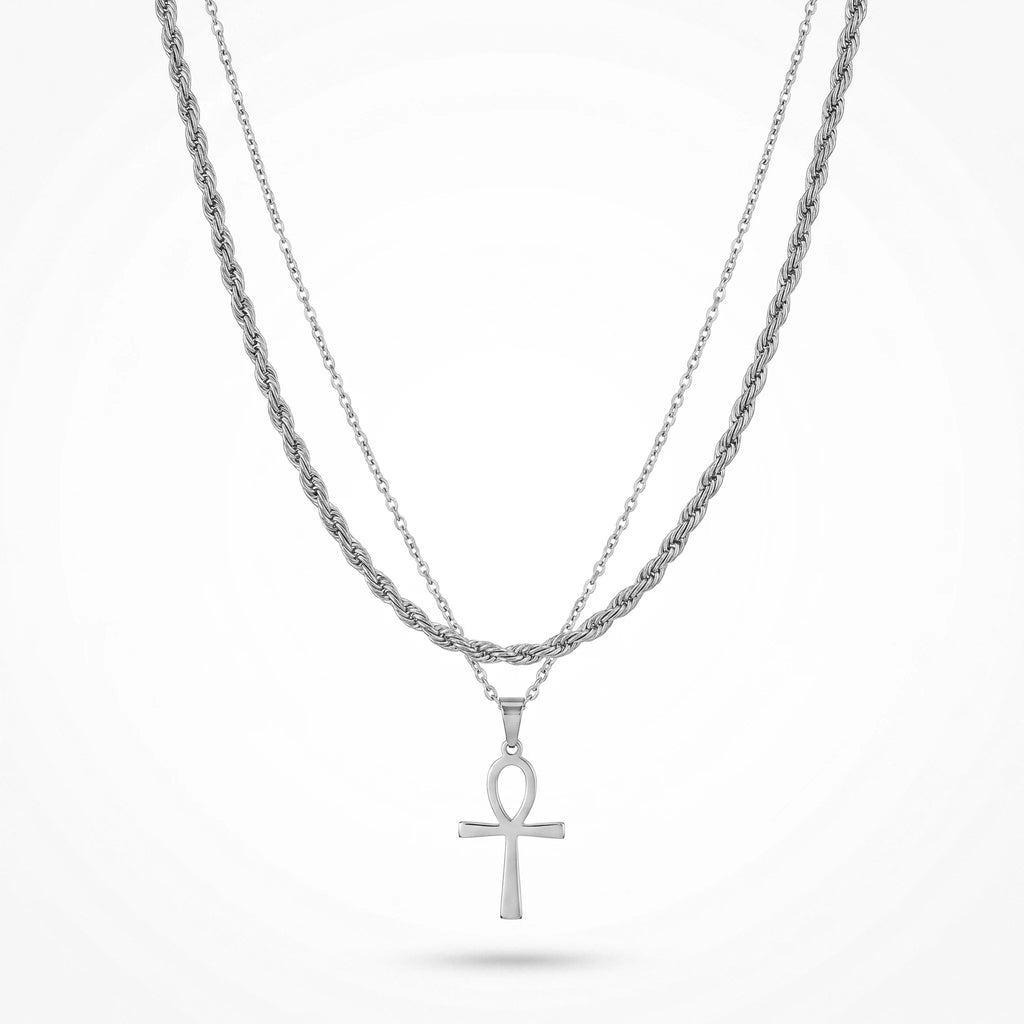 QIAOREN 11495 Rust Resistant Waterproof 18K Gold Plated Stainless Steel Ankh Symbol Layered Necklace