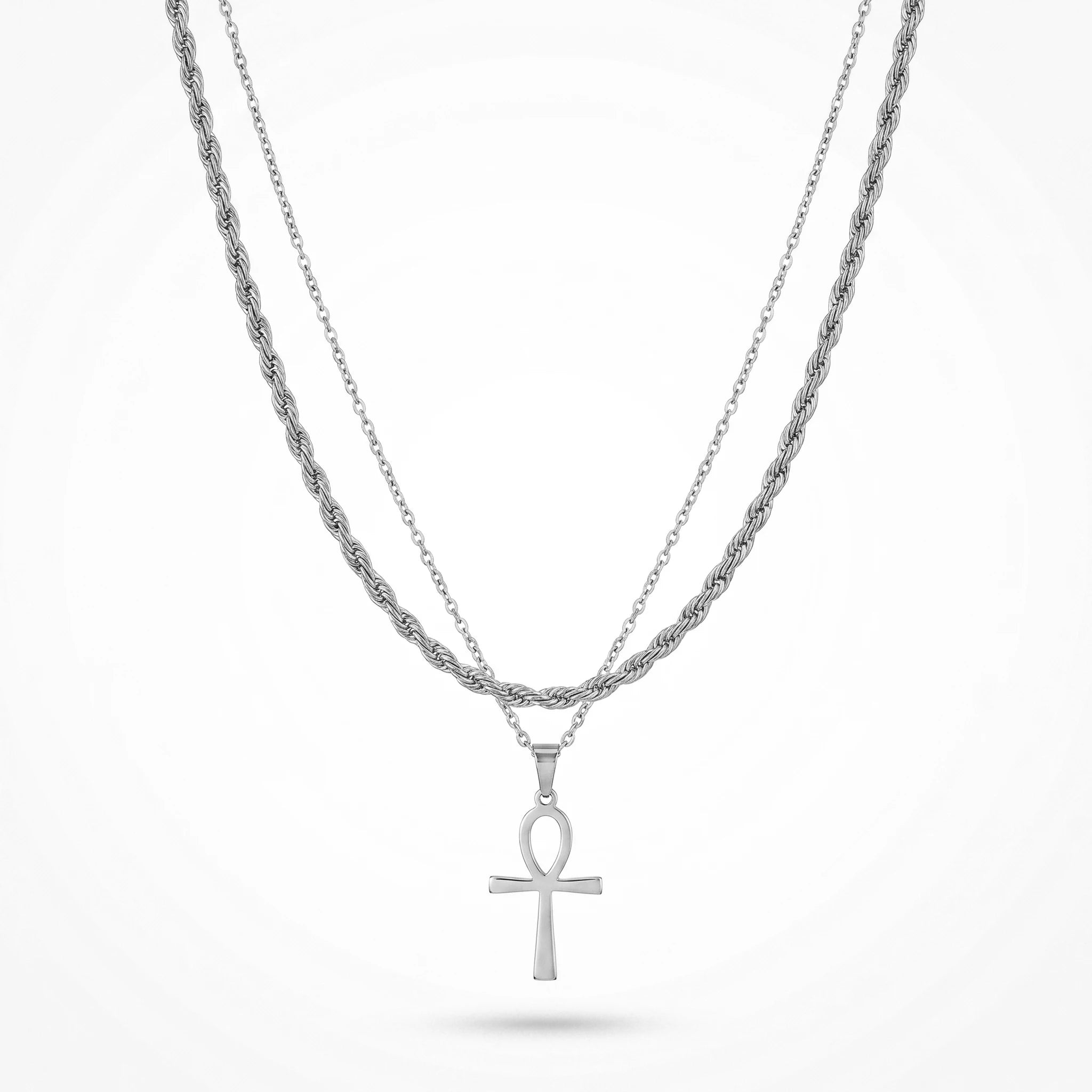 QIAOREN 11495 Rust Resistant Waterproof 18K Gold Plated Stainless Steel Ankh Symbol Layered Necklace