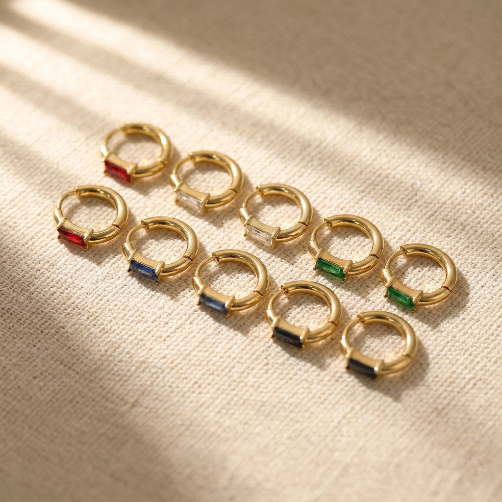 QIAOREN 12173-77 Classic Rectangular Colorful CZ Hoop Earrings Gold Plated Stainless Steel  Fashion Jewelry for Western Girls
