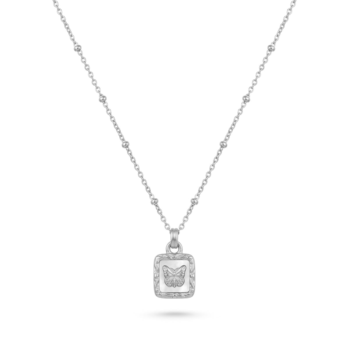 QIAOREN 13478 Vintage Square White Shell Butterfly Pendant Necklace with Beaded Ball Chain, Dainty Gold Neck Jewelry Gift