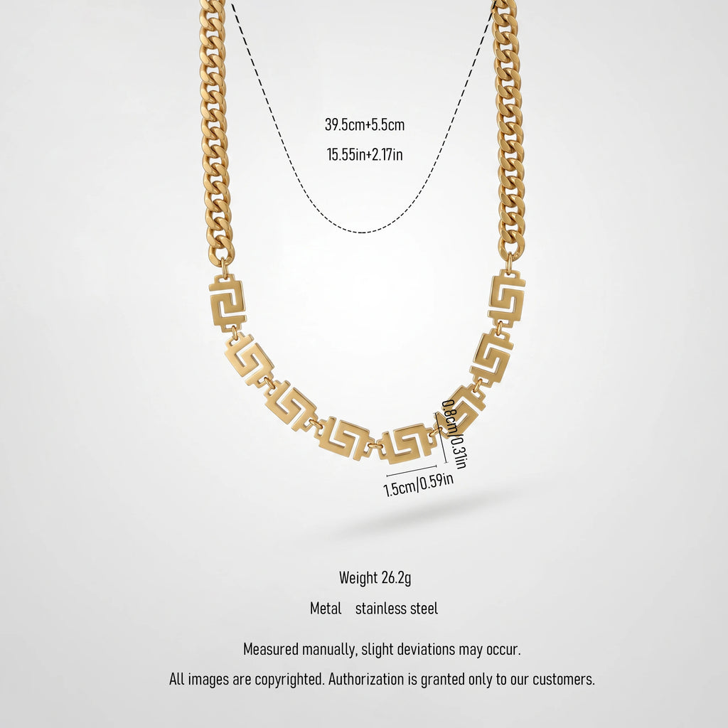 QIAOREN 13525 Mixed Chain Chunky Cuban & Greek Key Link Choker Necklace, Retro Geometric Pattern Gold Stack Neck Jewelry Gift