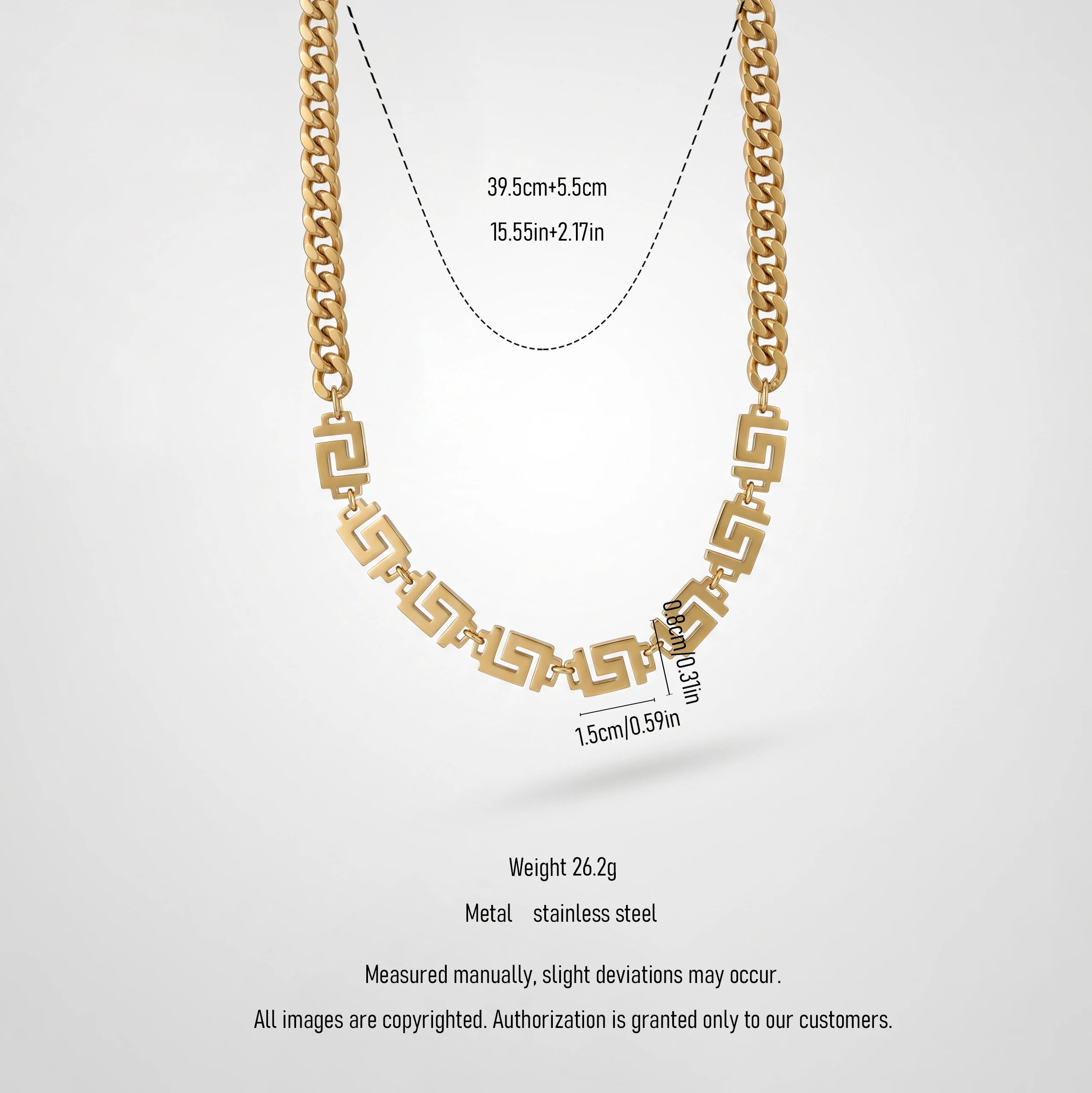 QIAOREN 13525 Mixed Chain Chunky Cuban & Greek Key Link Choker Necklace, Retro Geometric Pattern Gold Stack Neck Jewelry Gift