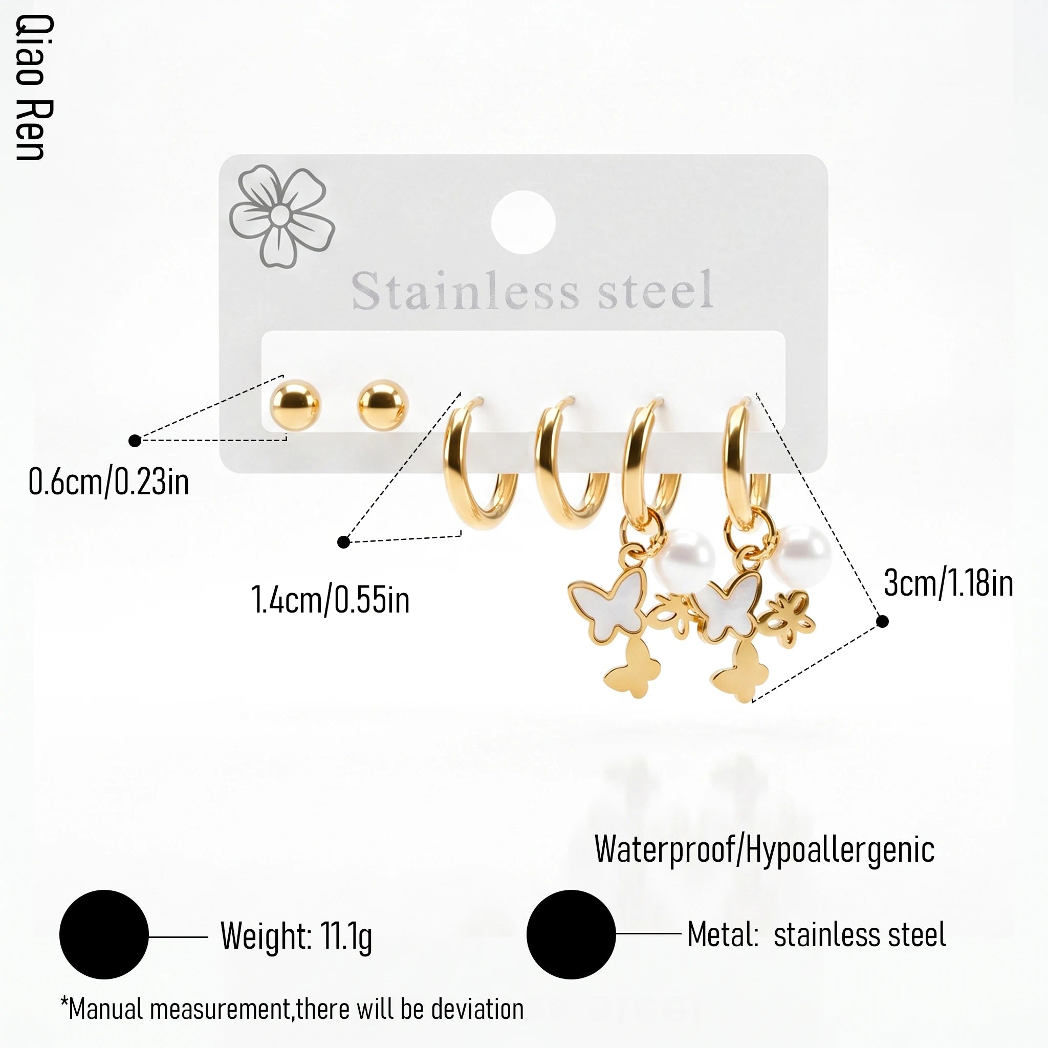 QIAOREN 14498 3 Pcs Stainless Steel Gold Ball Studs Plain Quartz Butterfly Pearl Dangle Earrings Multi Jewelry Gift