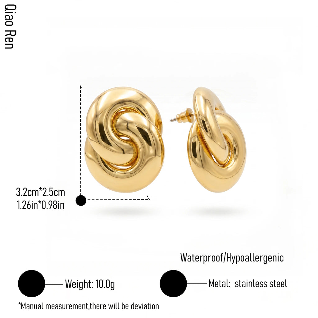 QIAOREN 14543 Chunky Love Knot Stud Earrings, Polished Thick Tube Gold Twisted Knot Earrings, Hypoallergenic Jewelry Gift