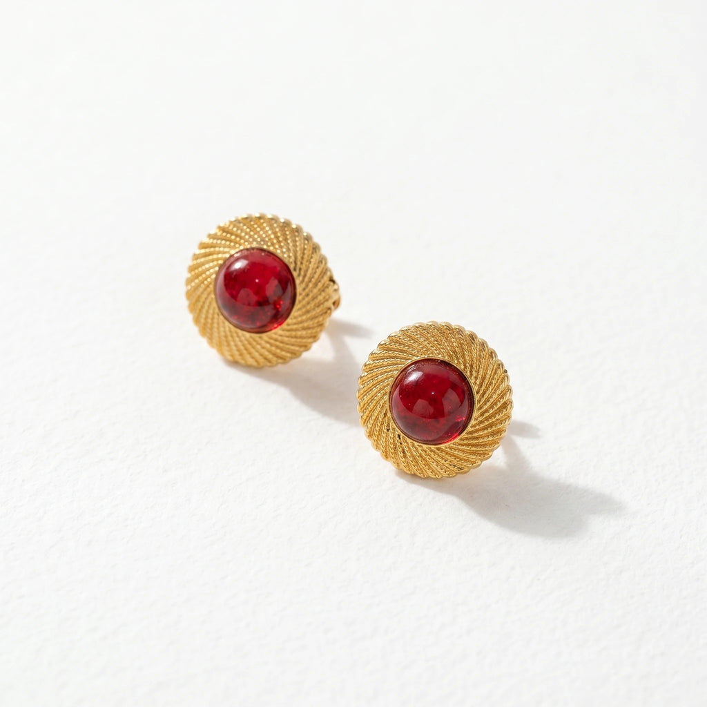 QIAOREN 12259 Vintage Spiral Twisted Stainless Steel Stud Earrings 18K Gold Plated Round Red Cabochon Glass Ear Jewelry