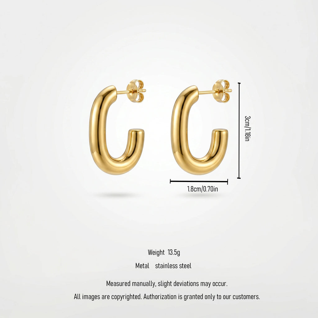 QIAOREN 12389 Trendy Chunky U Shape Hoop Earrings Gold Stainless Steel Bold Elongated Paperclip Open C Hoops Studs Women US EU