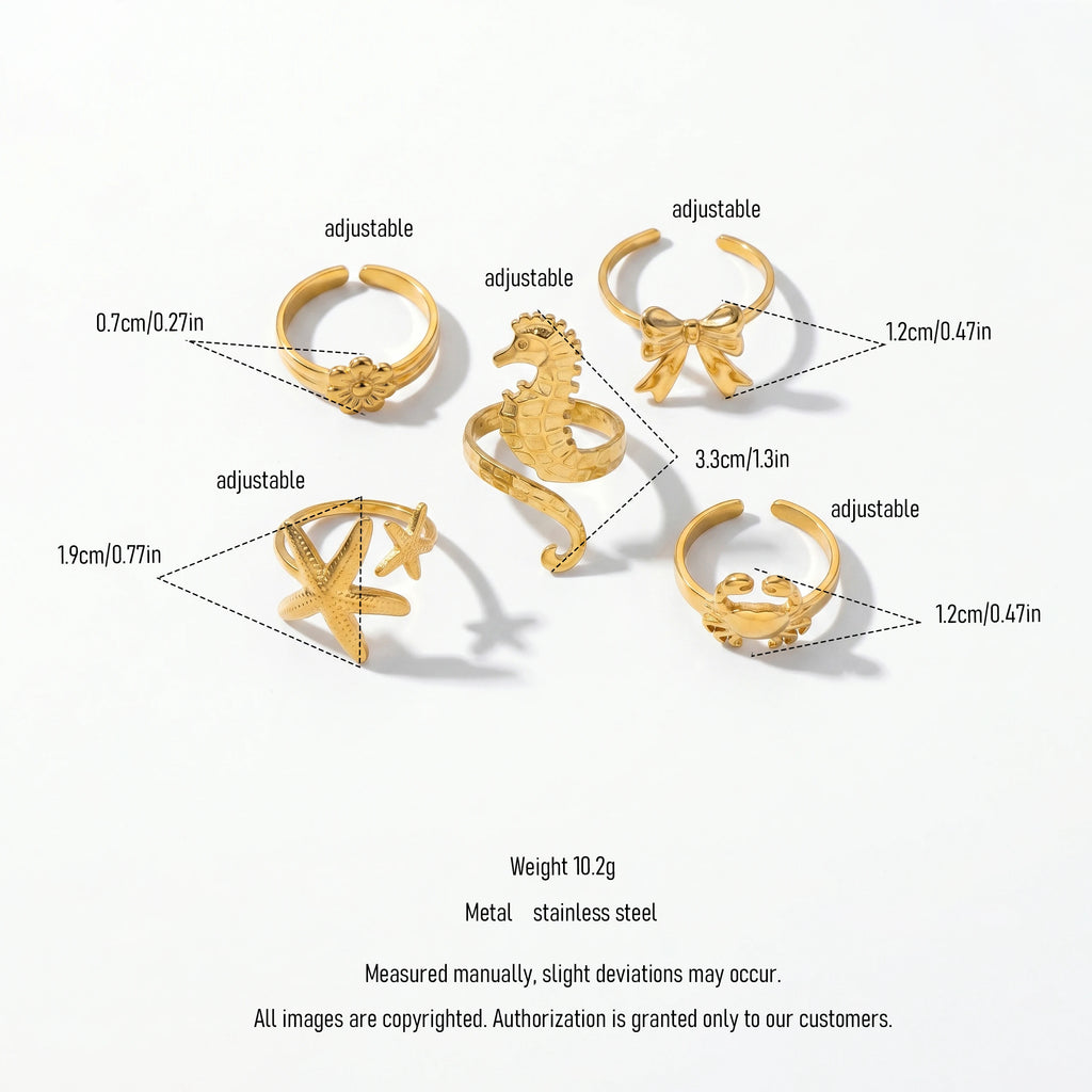 QIAOREN 13096-100 5Pcs 18K Gold Plated Stainless Steel Open Ring Set, Adjustable Stackable Sea Shell & Krab Finger Rings
