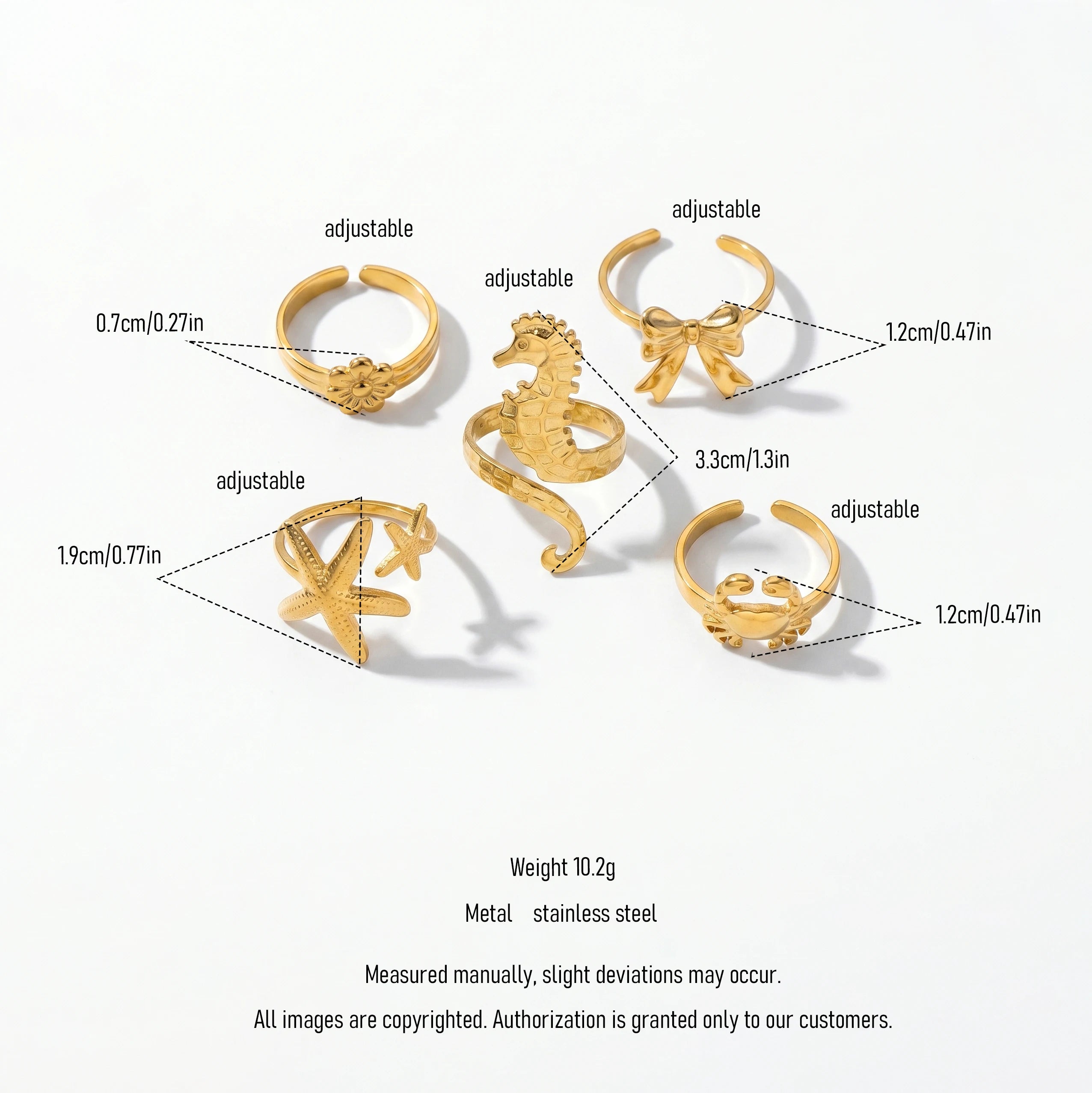 QIAOREN 13096-100 5Pcs 18K Gold Plated Stainless Steel Open Ring Set, Adjustable Stackable Sea Shell & Krab Finger Rings