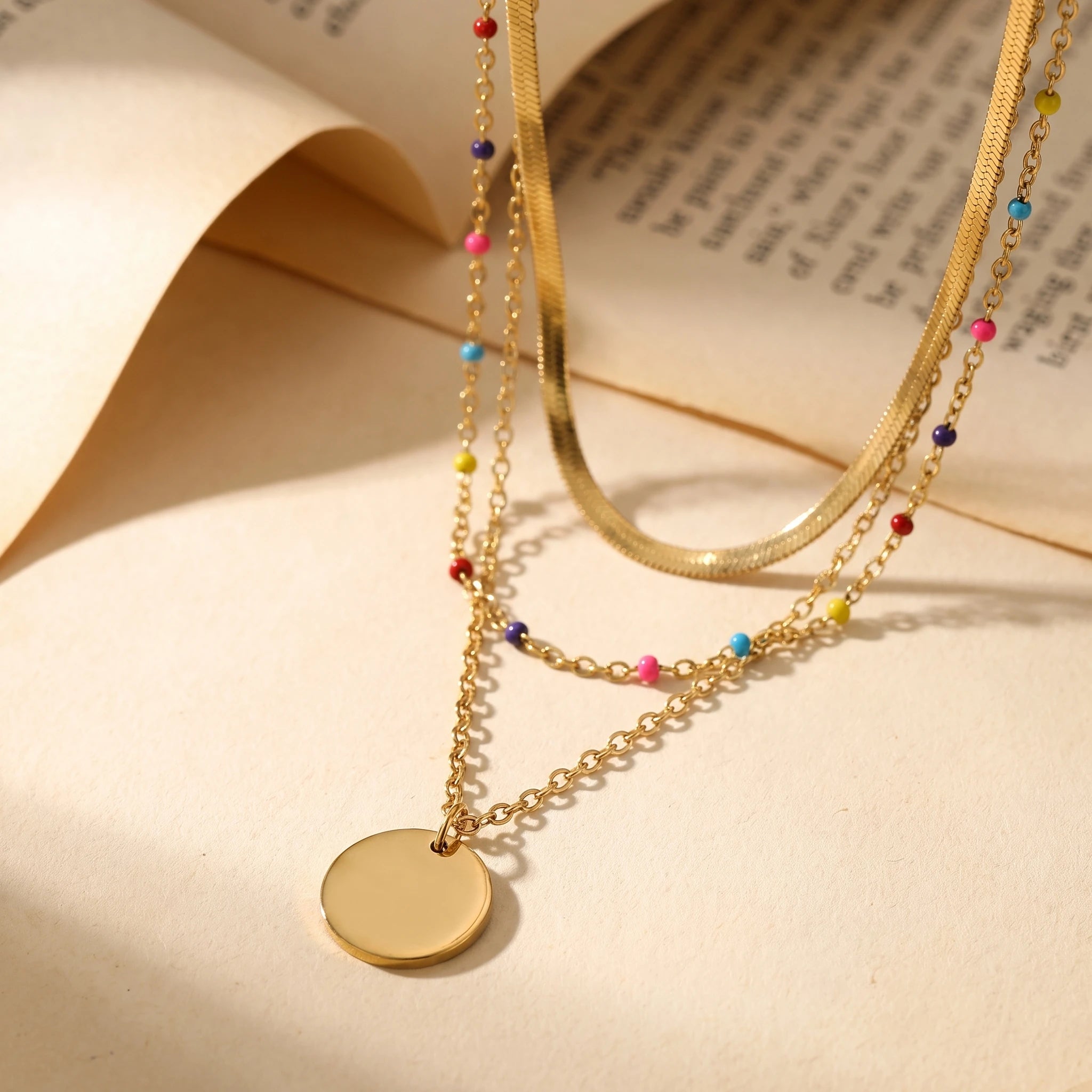 QIAOREN 14415 Layered Herringbone Colorful Bead Disc Pendant Necklace, Stainless Steel Multi Layer Chain Necklace Jewelry Gift