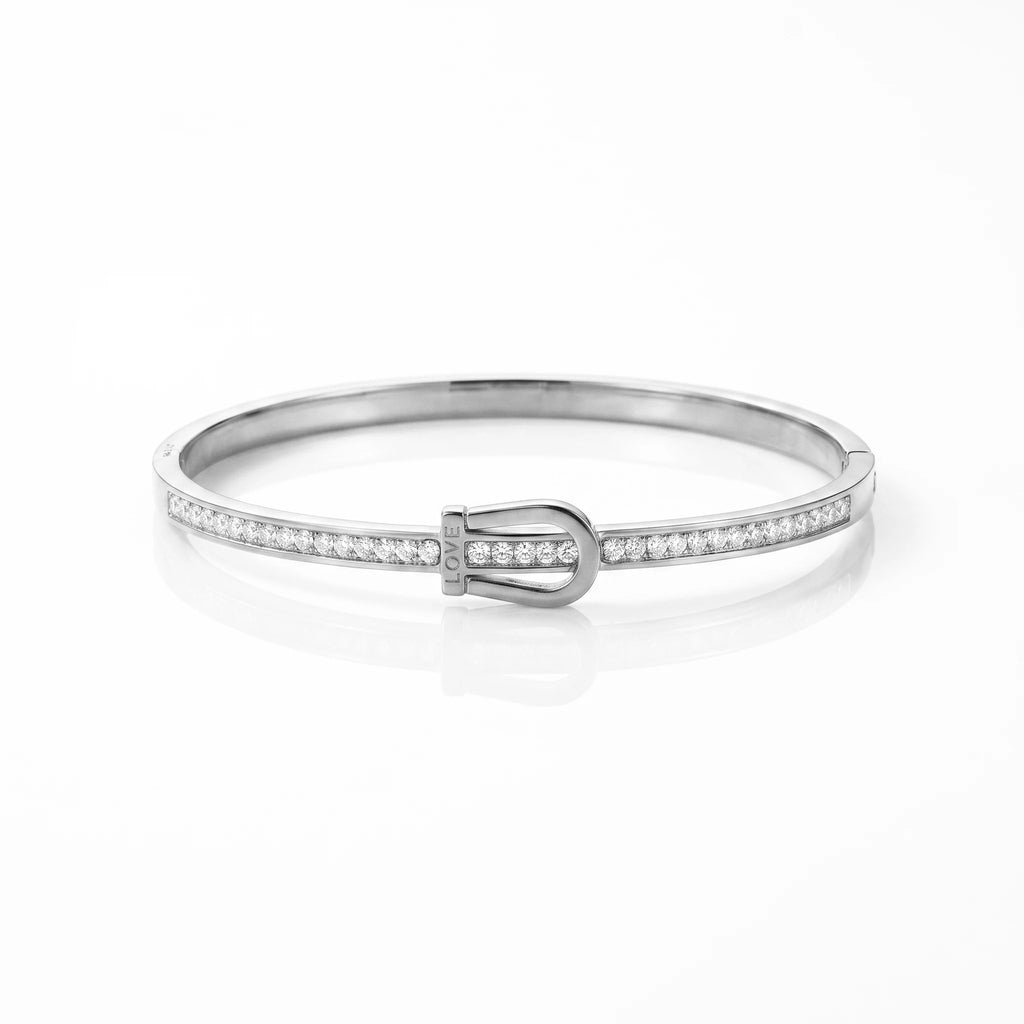 QIAOREN 13661 Polished Buckle Inlaid Clear Zircon Bangle Bracelet with Engraved LOVE Letter, Thin Gold Open Cuff Wrist Jewelry