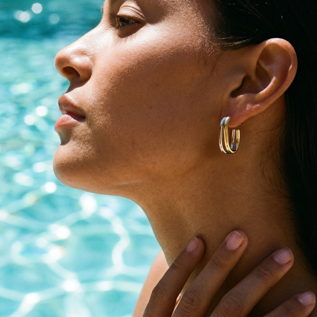 QIAOREN 12754 Minimalist Mixed Tone Double Layer Oval Earrings Stainless Steel Silver Gold Chunky Hoop Daily Jewelry