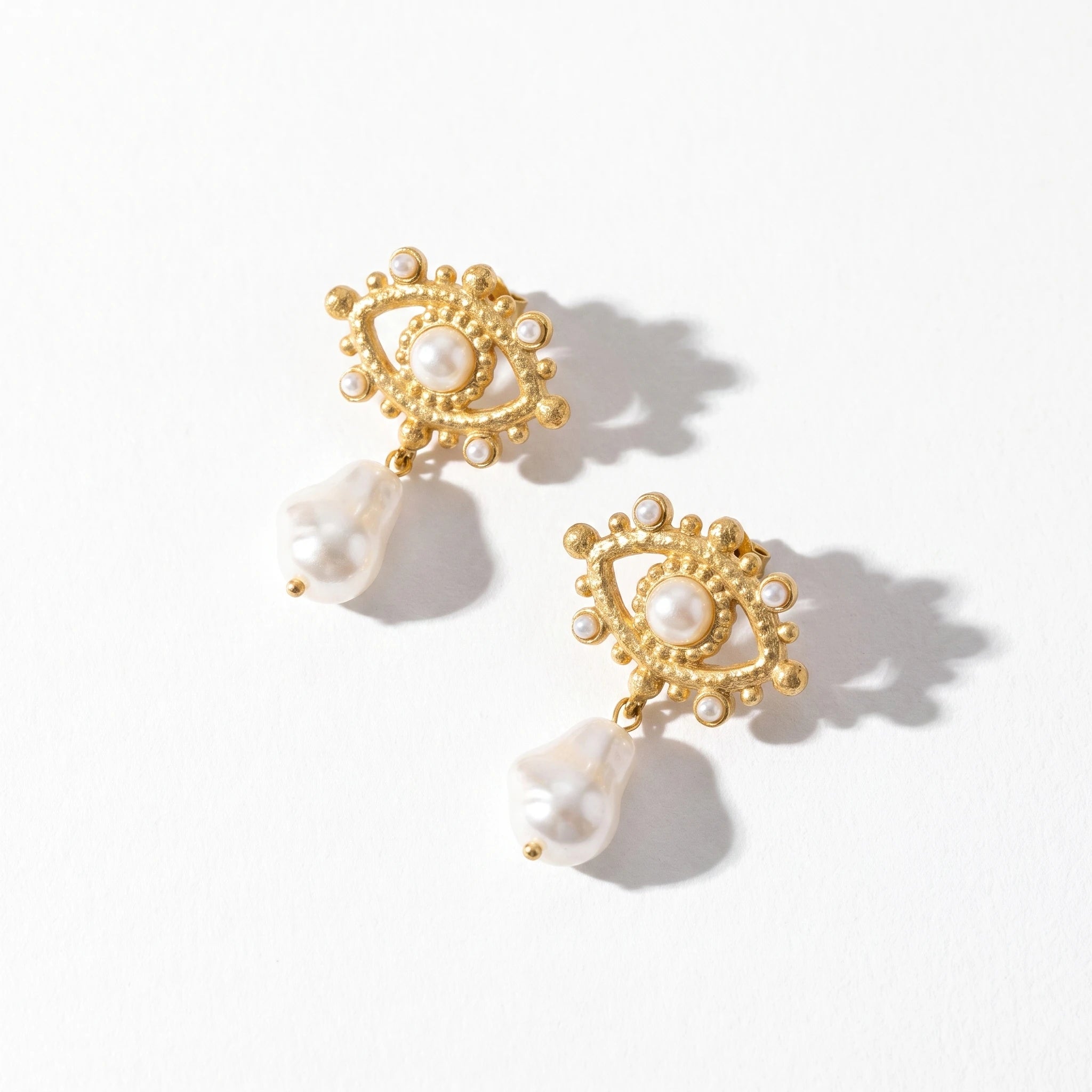 QIAOREN 13439 Textured Matte Stud Earrings With Tiny Round Pearl Inlay, Irregular Freshwater Pearl Dangle Ear Jewelry