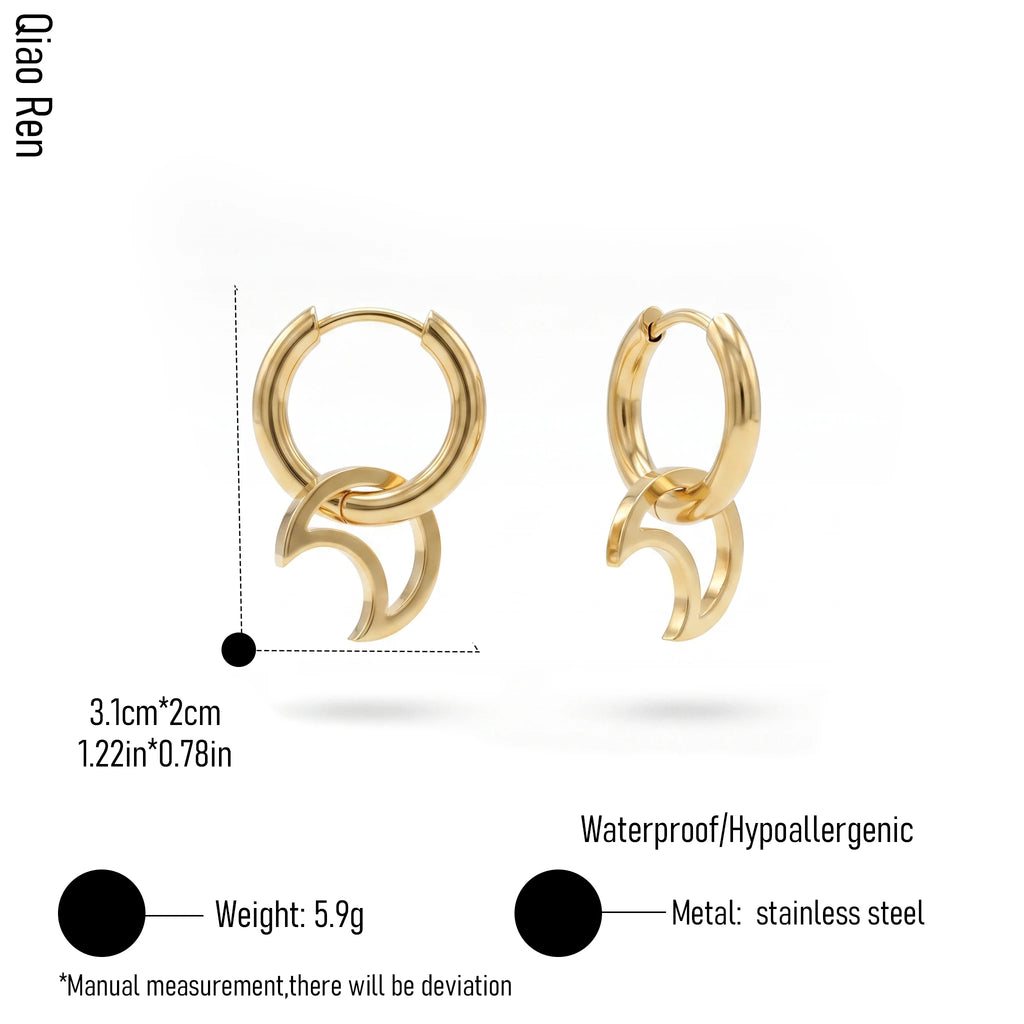 QIAOREN 14422 Open Hollow Crescent Moon Charm Earrings, Stainless Steel Small Hoop Earrings Jewelry Gift