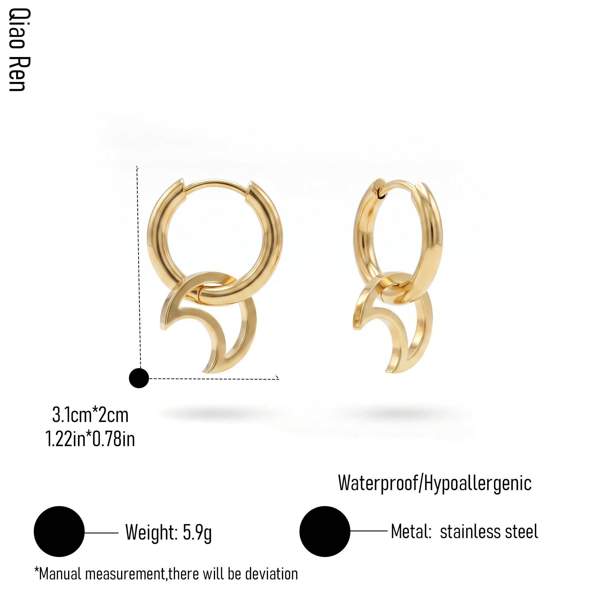 QIAOREN 14422 Open Hollow Crescent Moon Charm Earrings, Stainless Steel Small Hoop Earrings Jewelry Gift